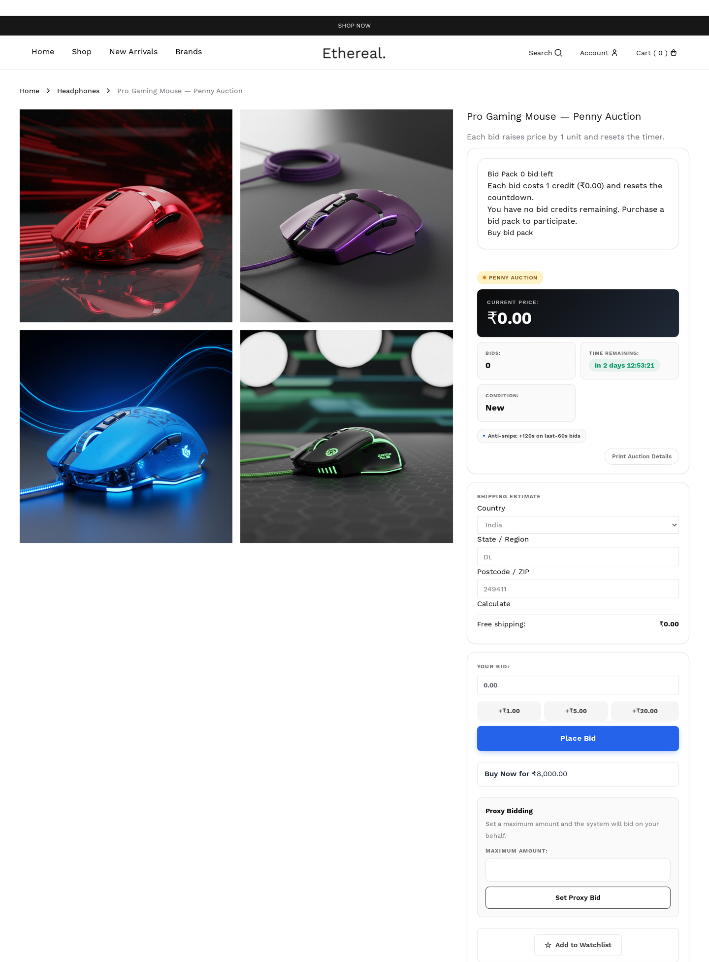 Penny auction — bid-pack purchase UI, per-bid token cost, timer-reset countdown and current price meter