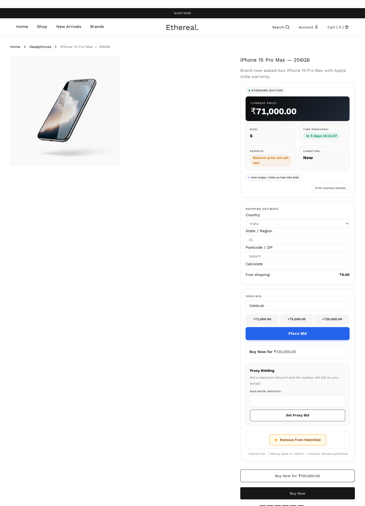 Standard auction — current price, time remaining, reserve indicator, anti-snipe note, bid form with quick-increment chips, Buy Now and Proxy Bidding