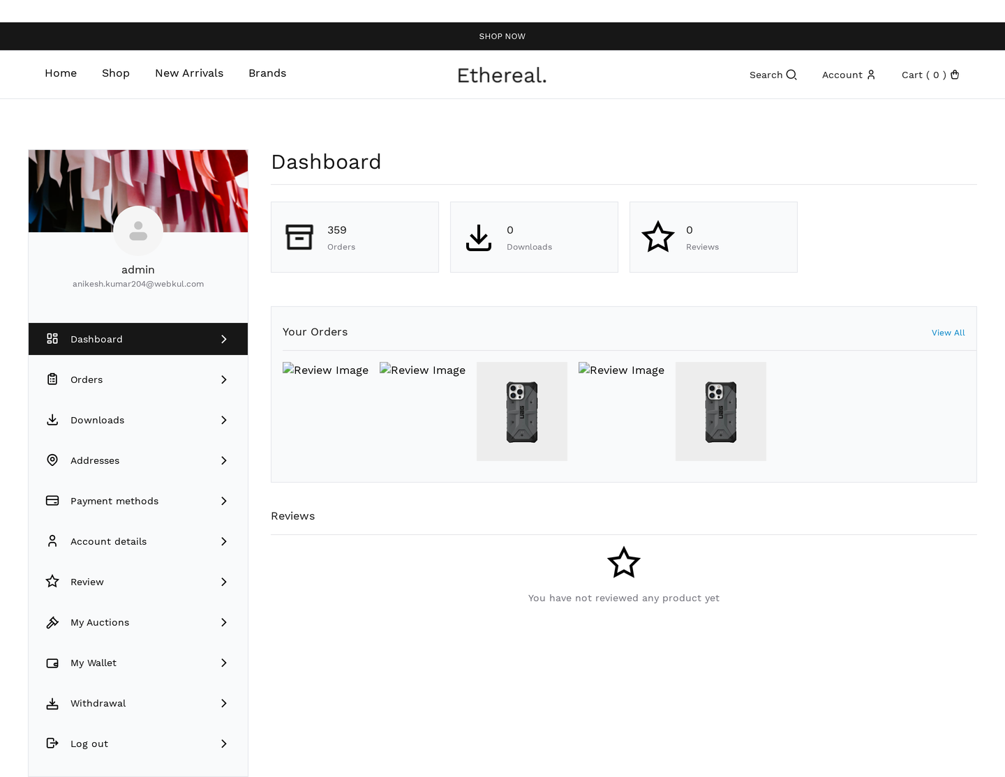 My Account dashboard — the logged-in customer landing with auction-specific endpoints (My Auctions, Wallet Balance, Watchlist, Withdrawal)
