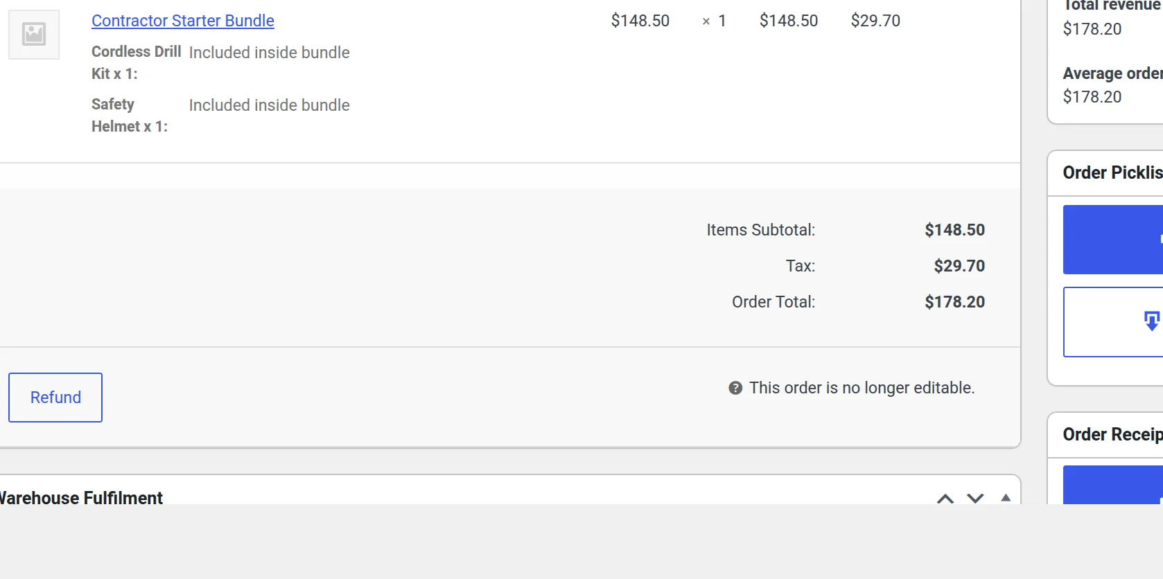 Admin order line item with bundle contents