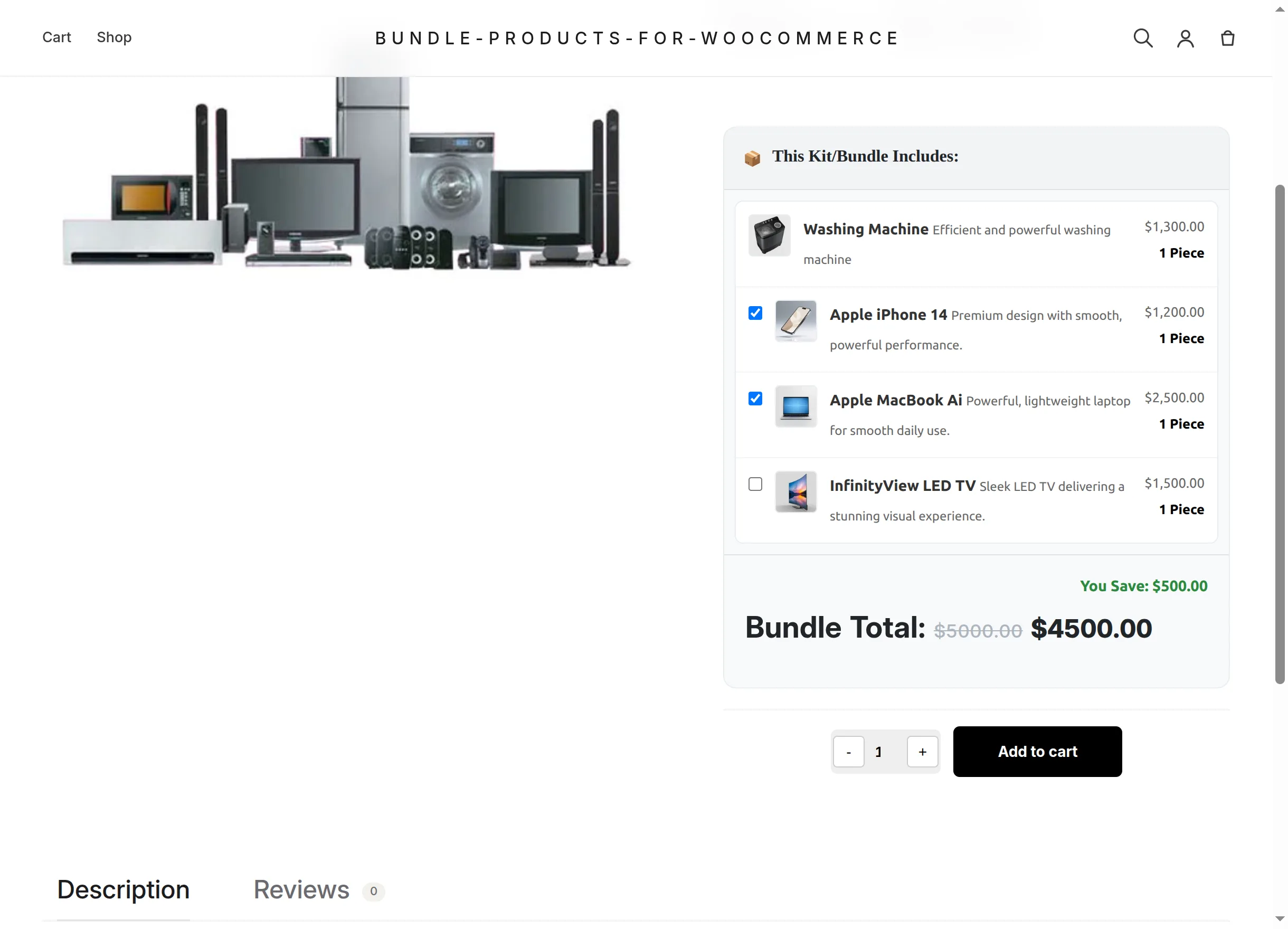 Optional items selected, totals updated