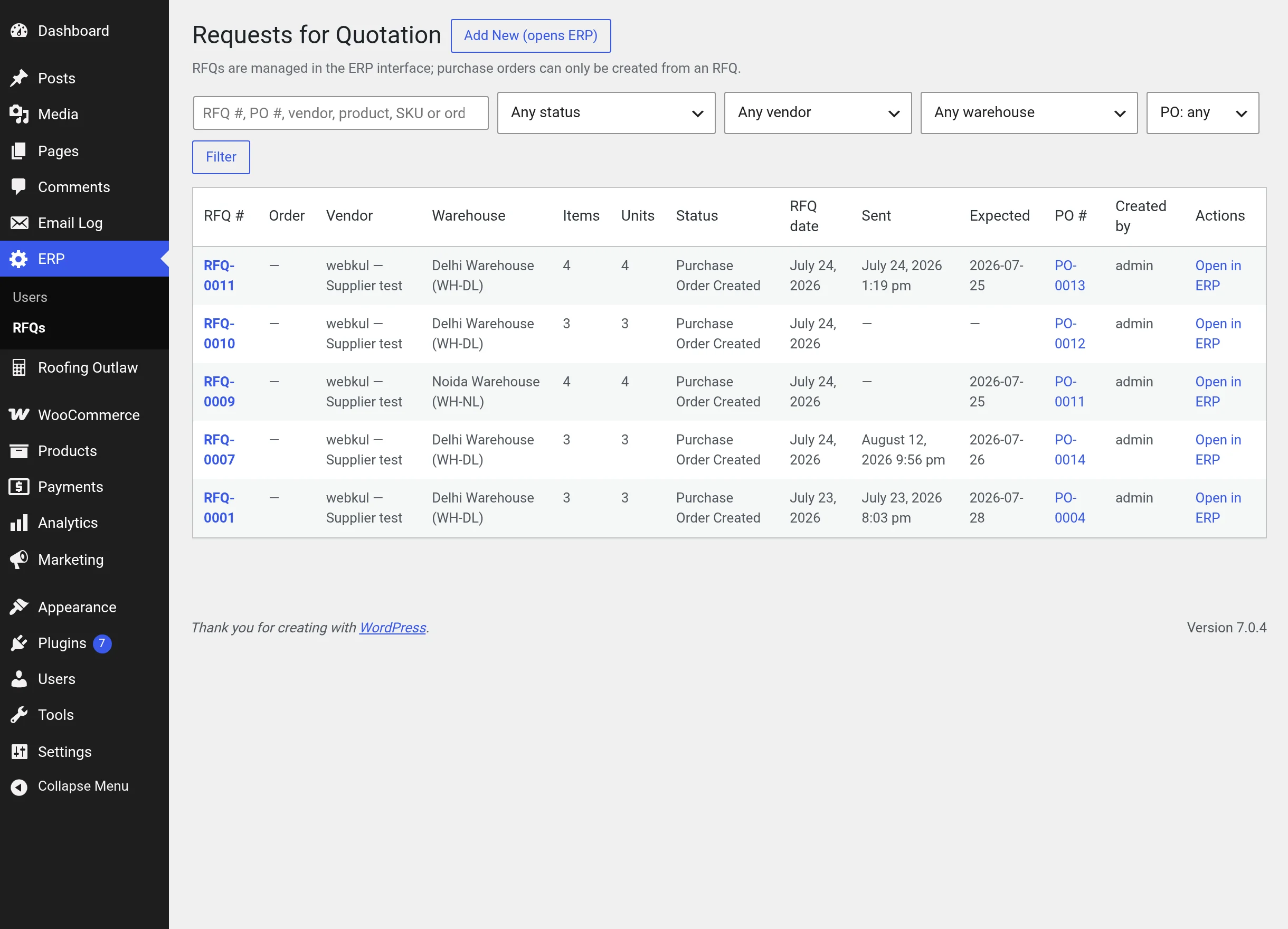 RFQs in WordPress admin