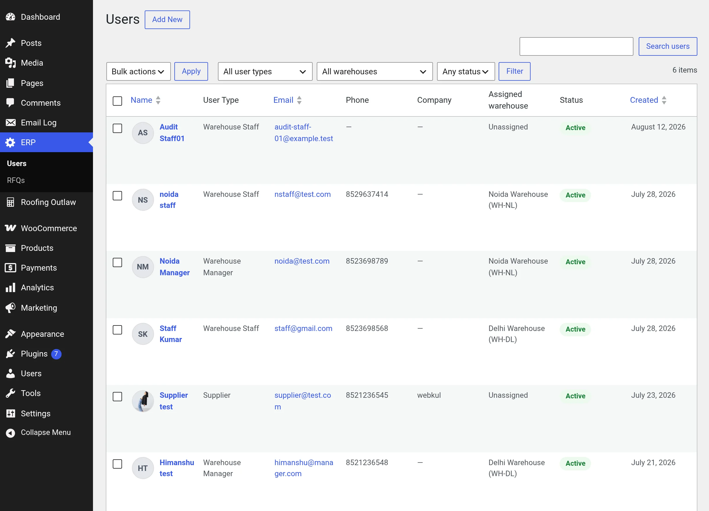 ERP Users in WordPress admin