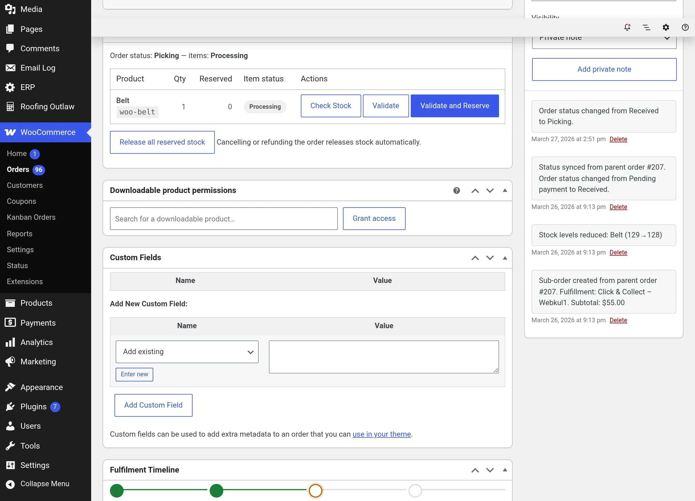 Warehouse Fulfilment metabox and timeline