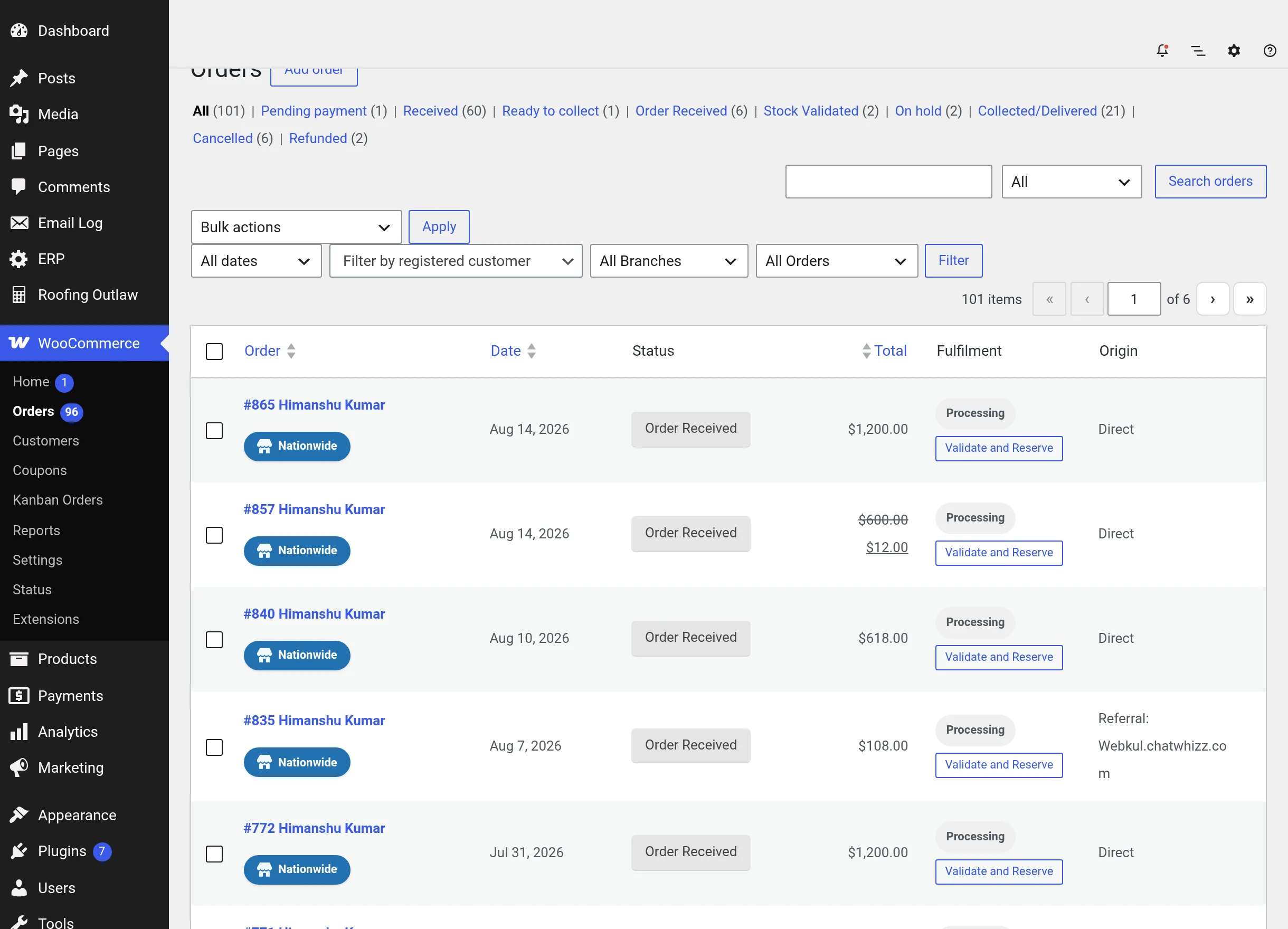 Fulfilment column on the WooCommerce order list