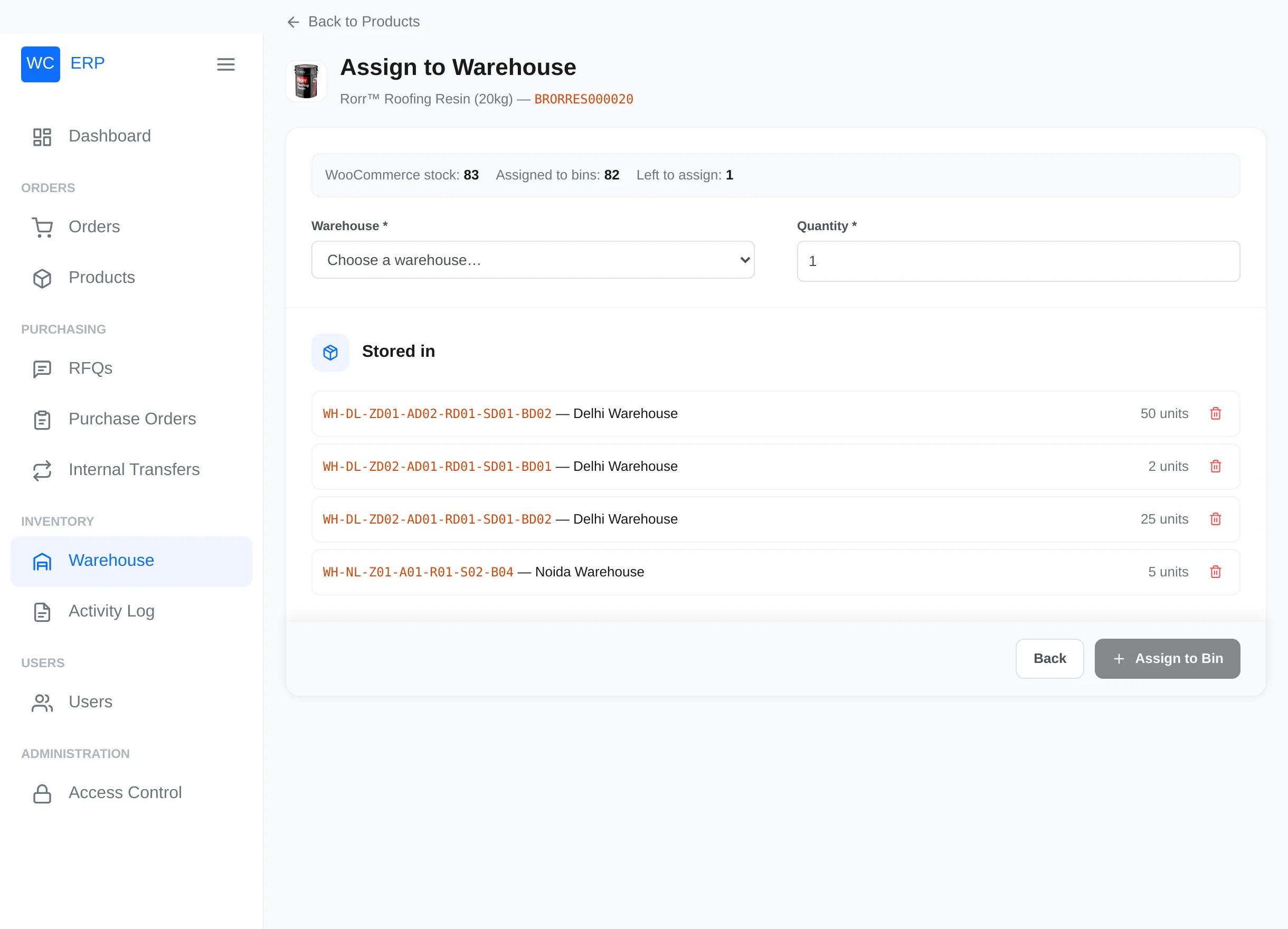 Assign product to warehouse
