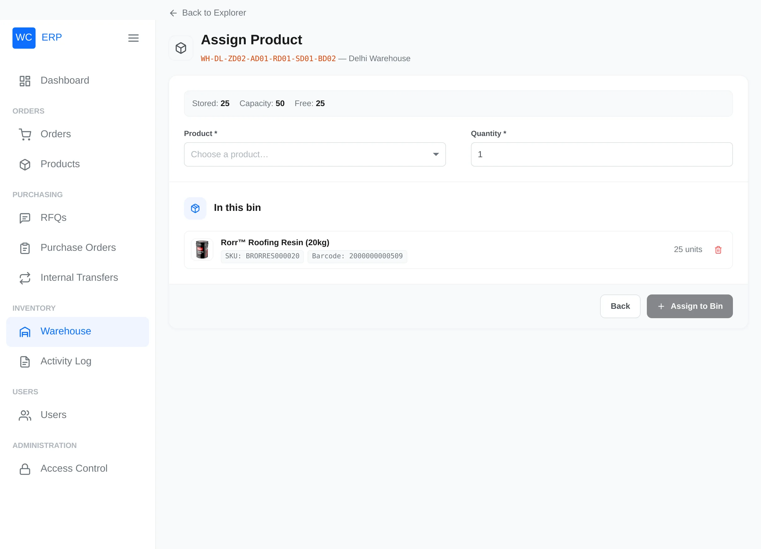 Assign stock to a bin