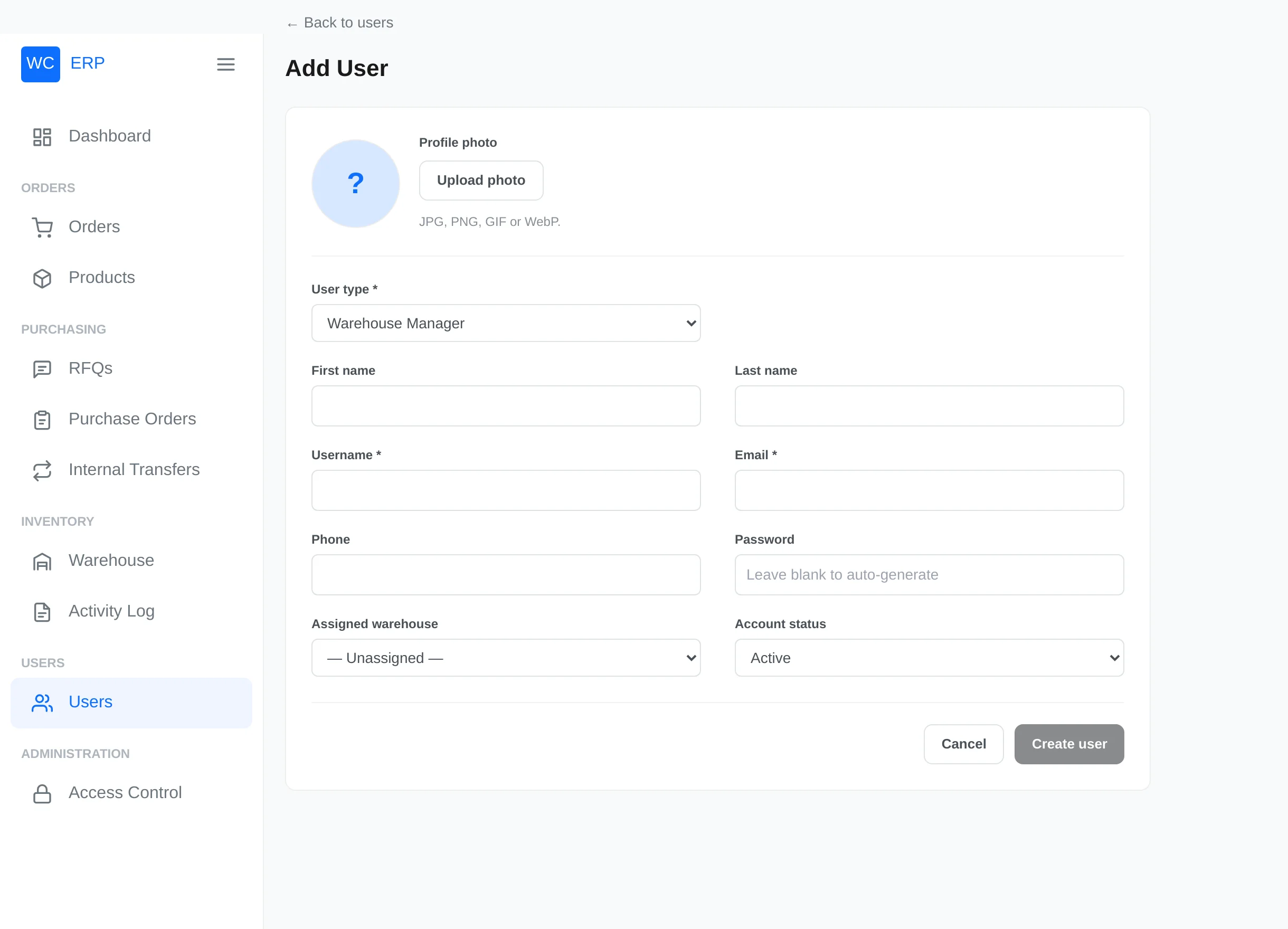 Add User form with supplier details