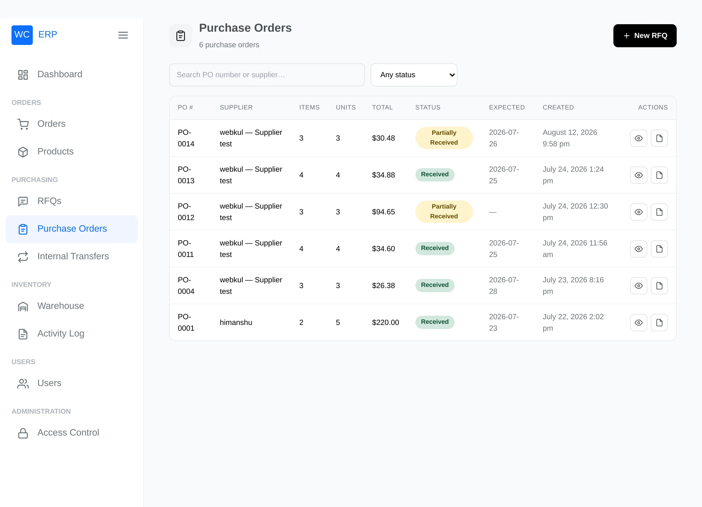 Purchase Orders list