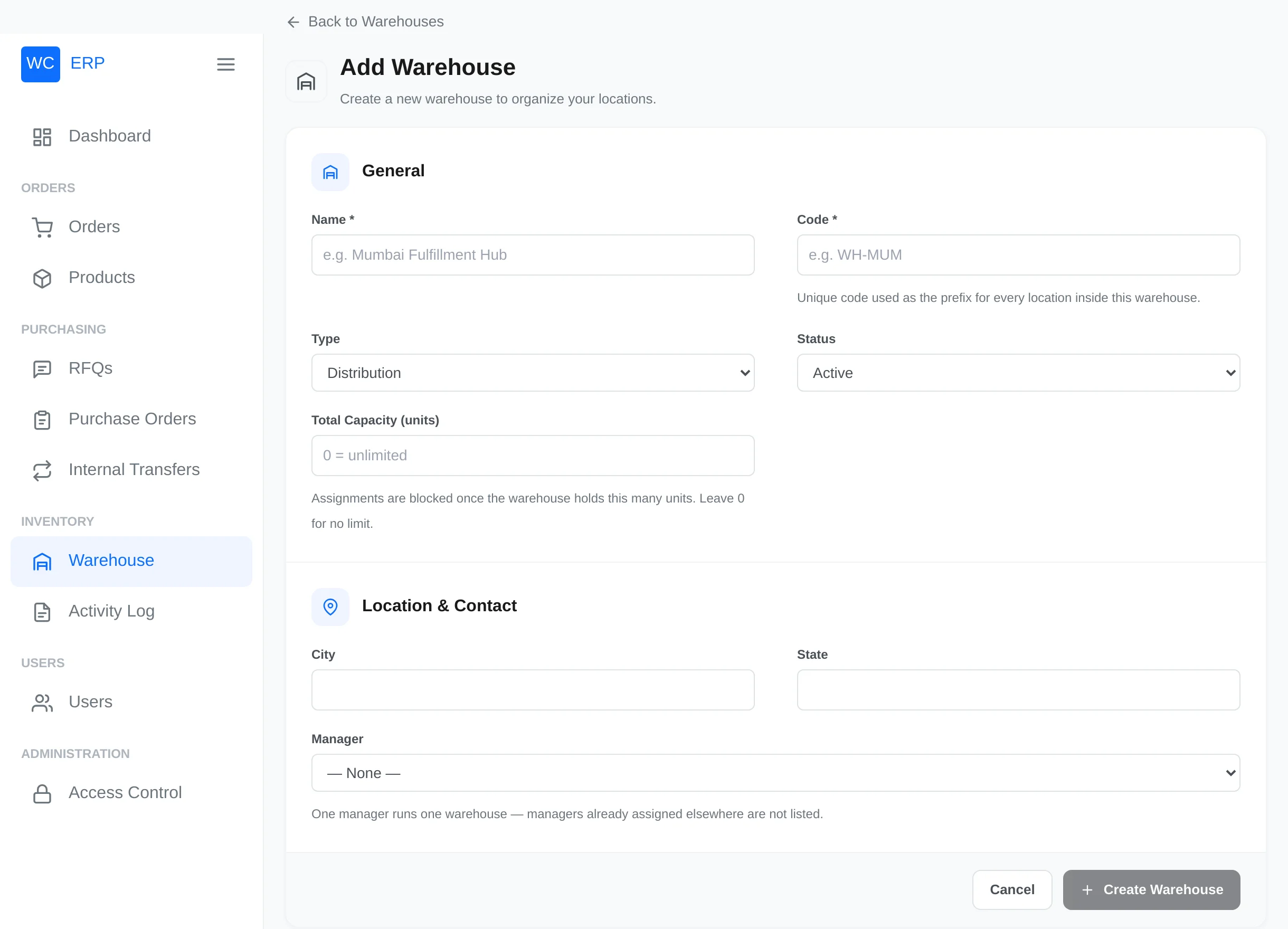 Create Warehouse