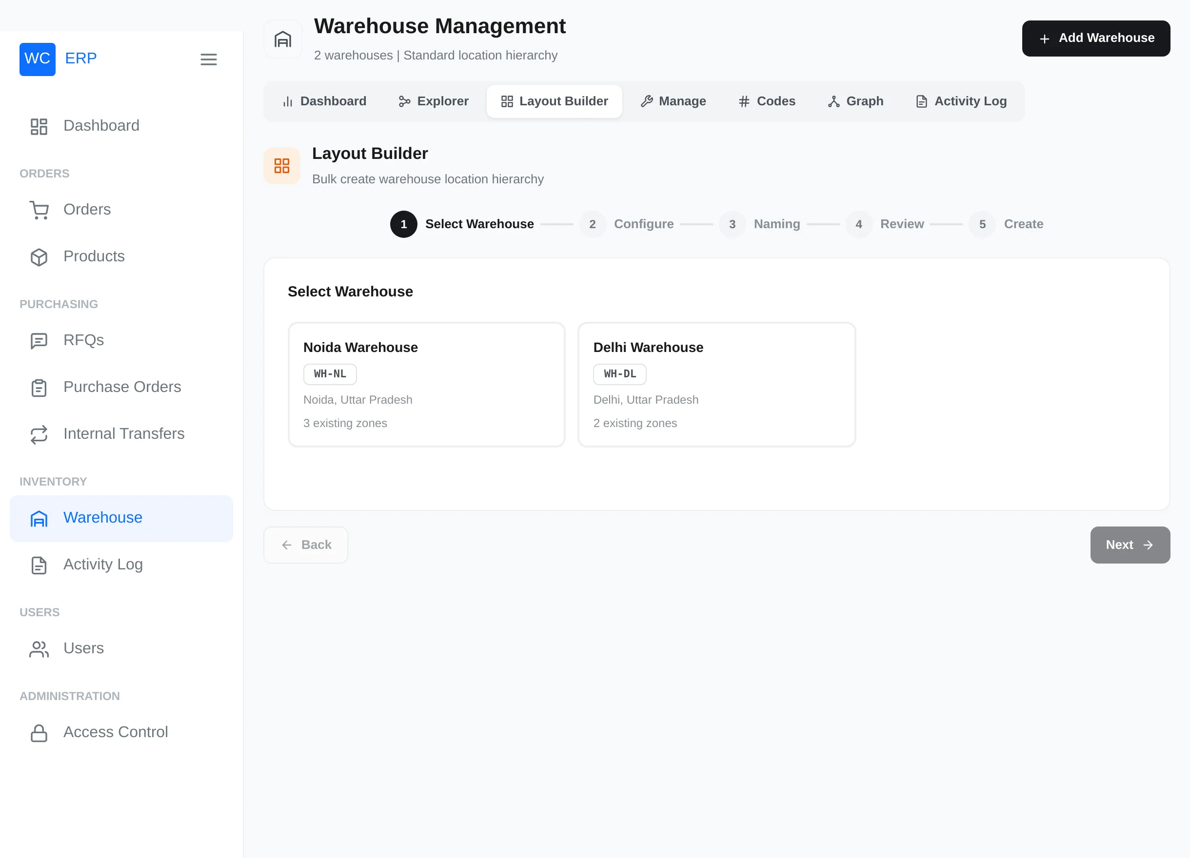 Layout Builder — select warehouse