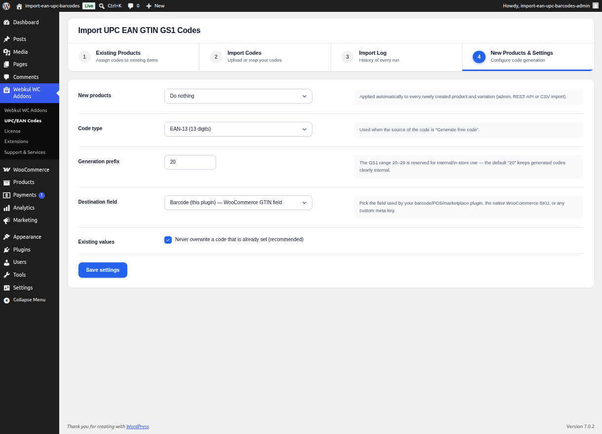 New Products and Settings Configuration