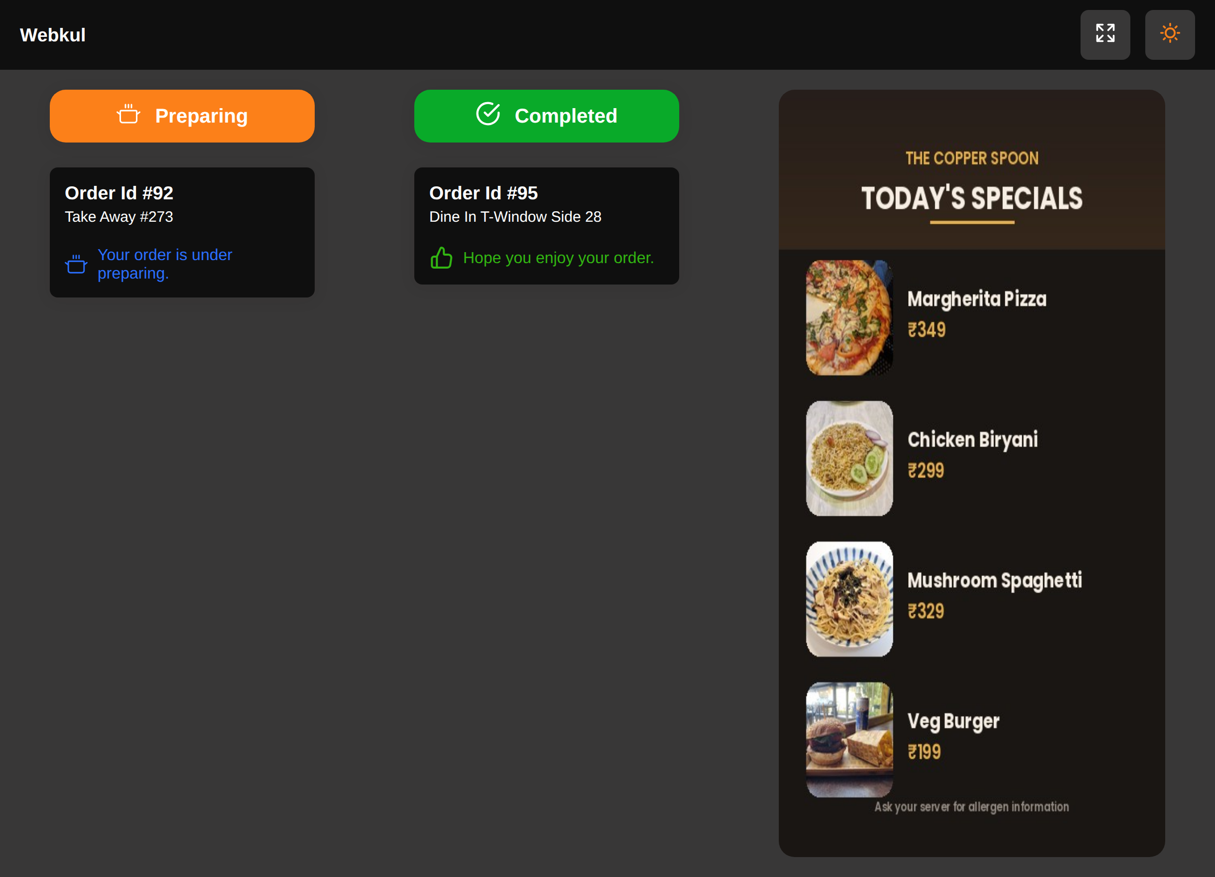 The customer screen in dark mode