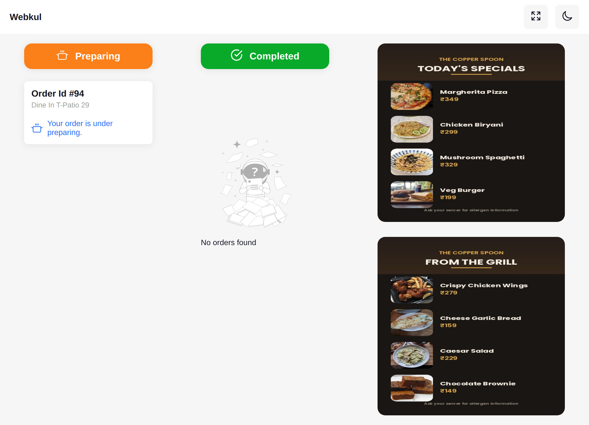 The customer screen in landscape mode, stacking two menu boards beside the order lists