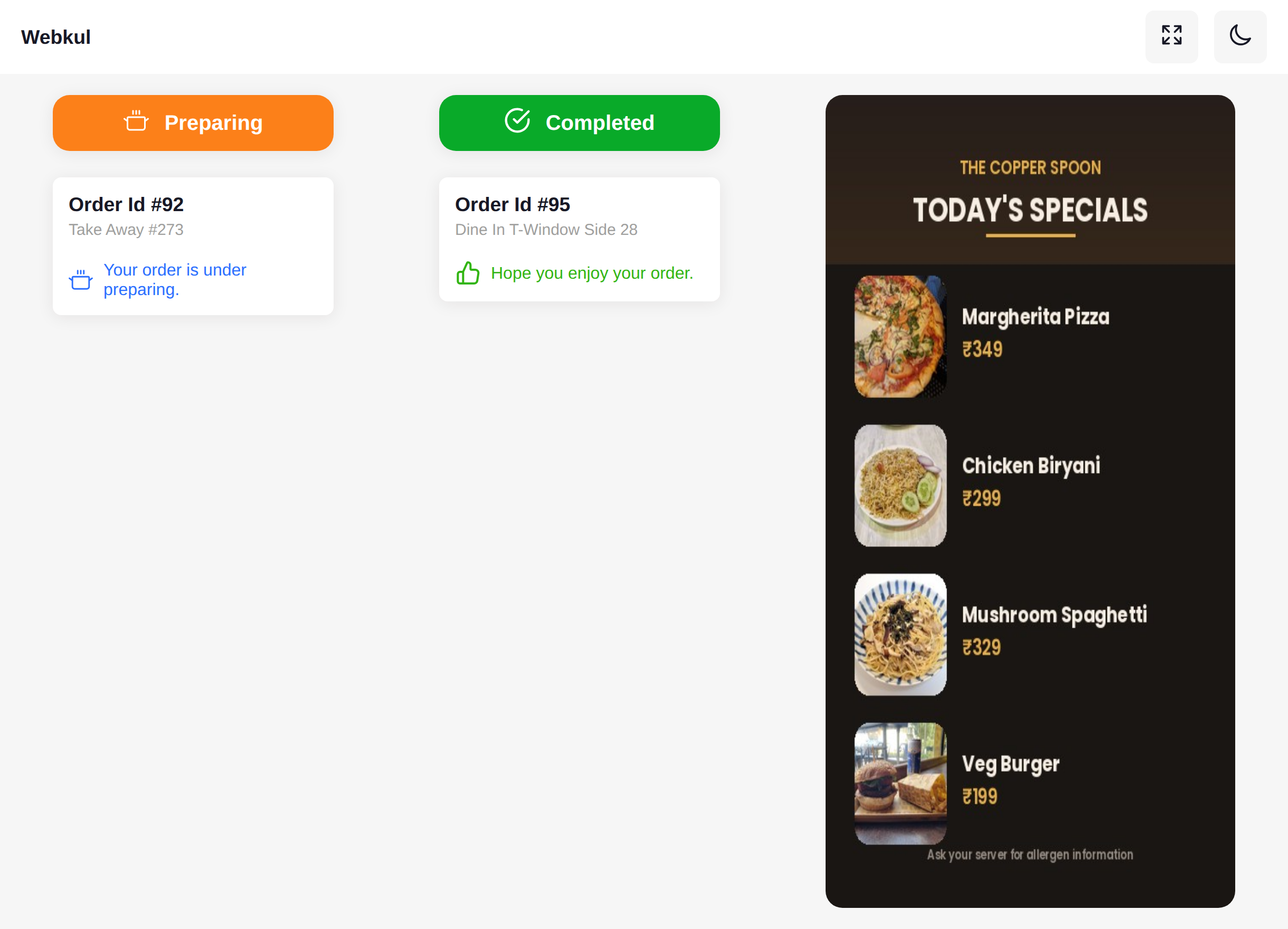 The customer screen with Preparing and Completed orders and a menu image