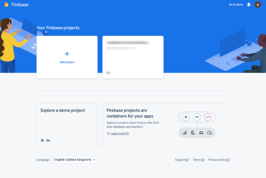 The Firebase console with the Add project tile