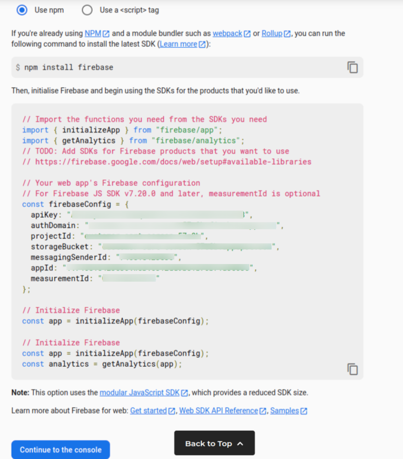 The Add Firebase SDK block containing the firebaseConfig values