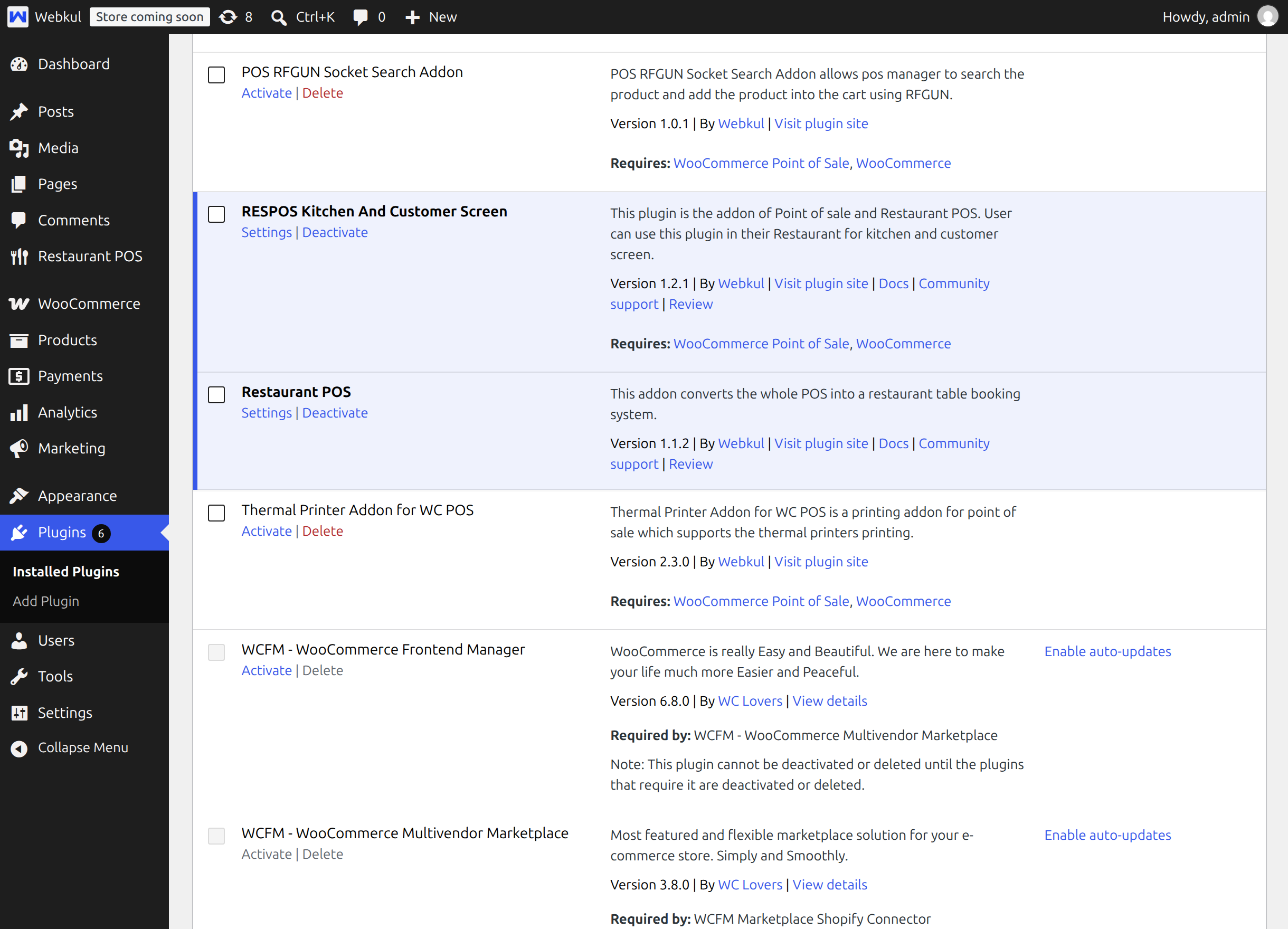 The plugin active on the Installed Plugins screen with its Settings, Docs, Community support and Review links