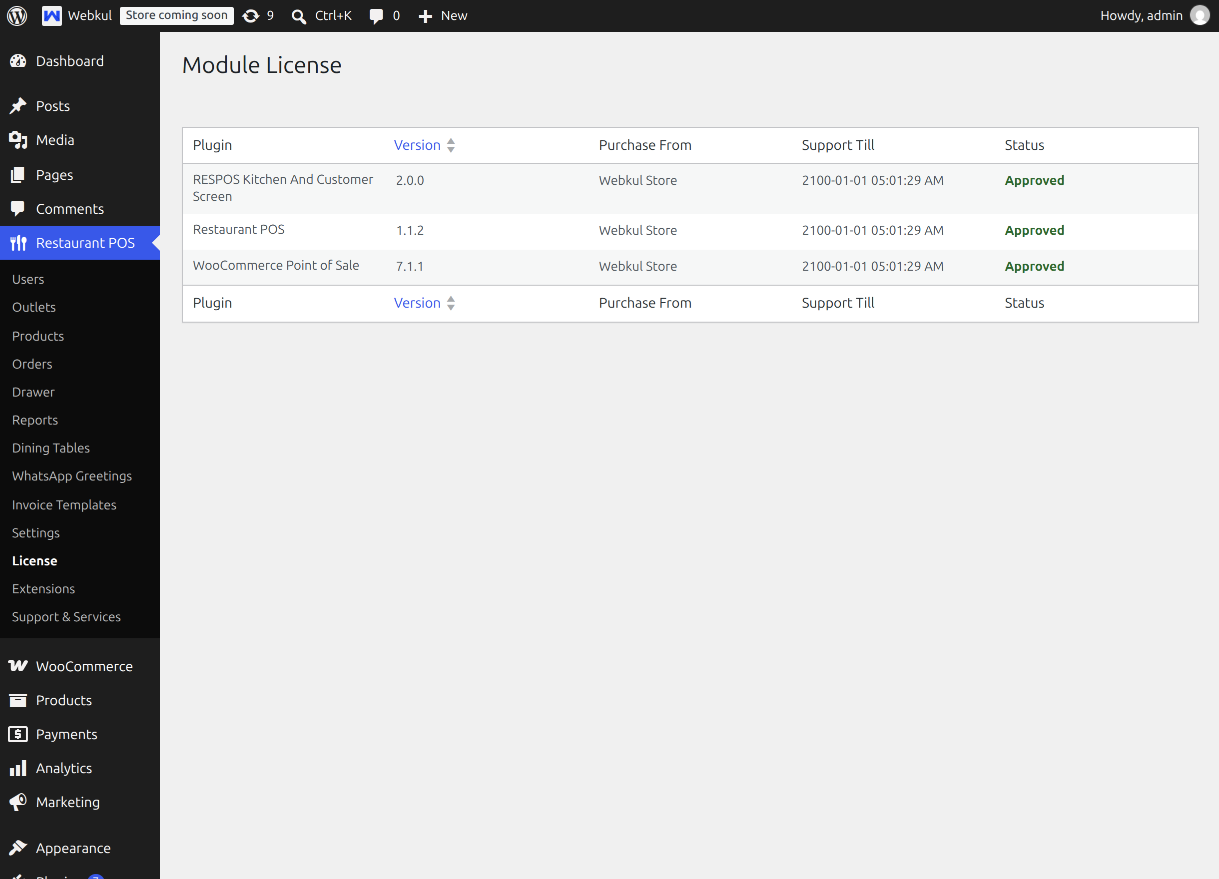 The Module License screen listing RESPOS Kitchen And Customer Screen and the other Webkul modules