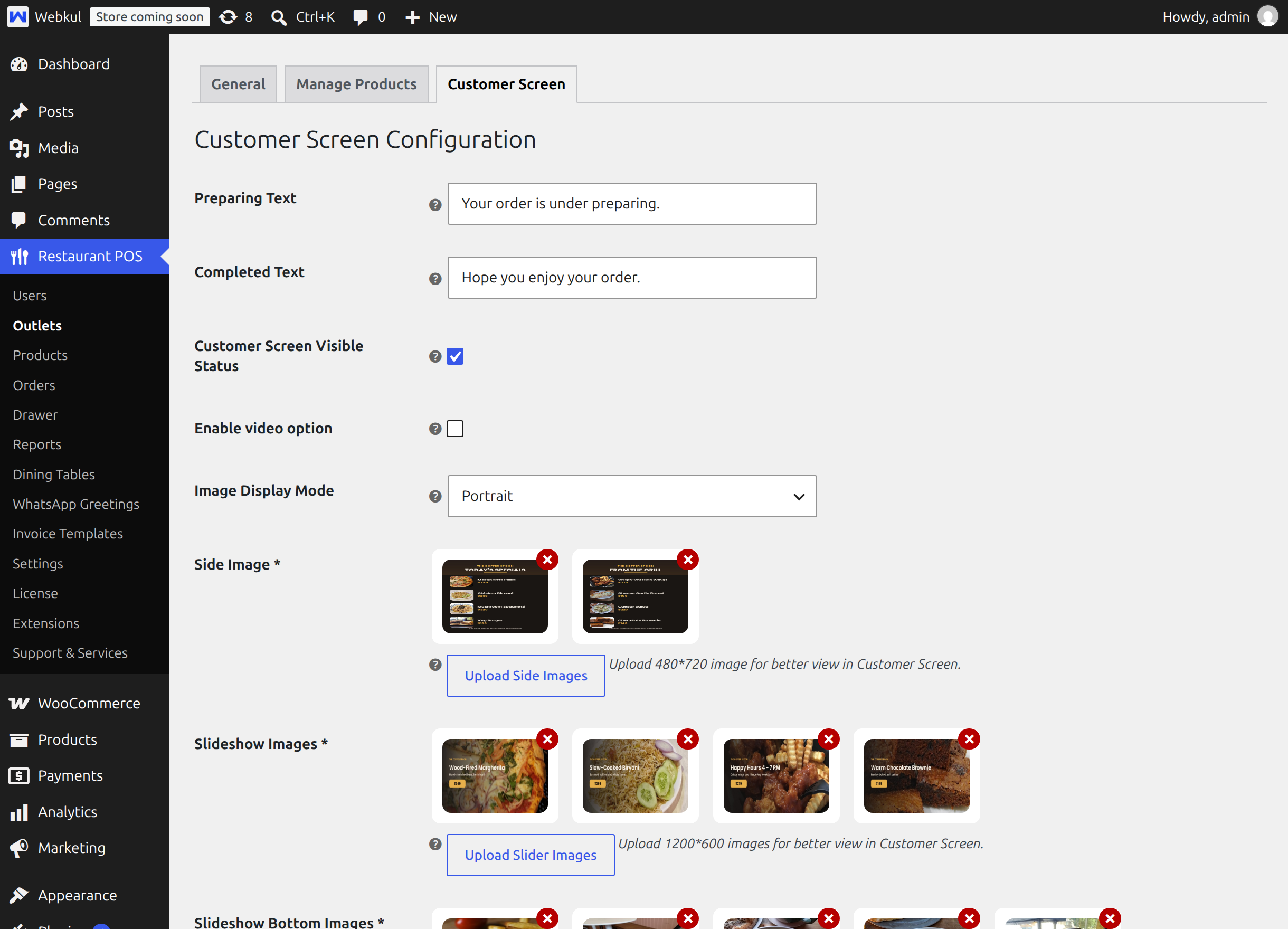 The Customer Screen Configuration form on an outlet
