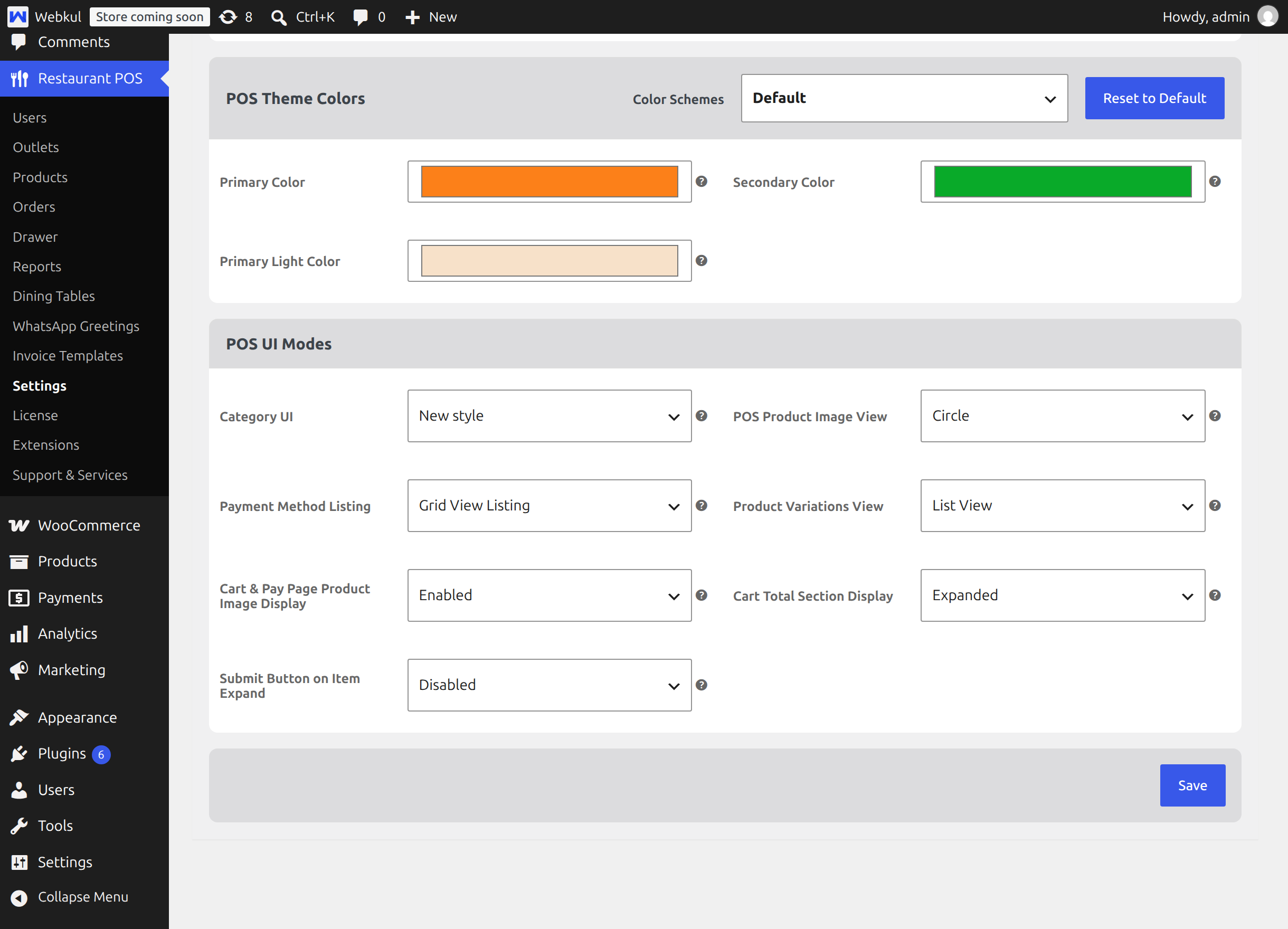 POS Theme Colors on the Appearance tab