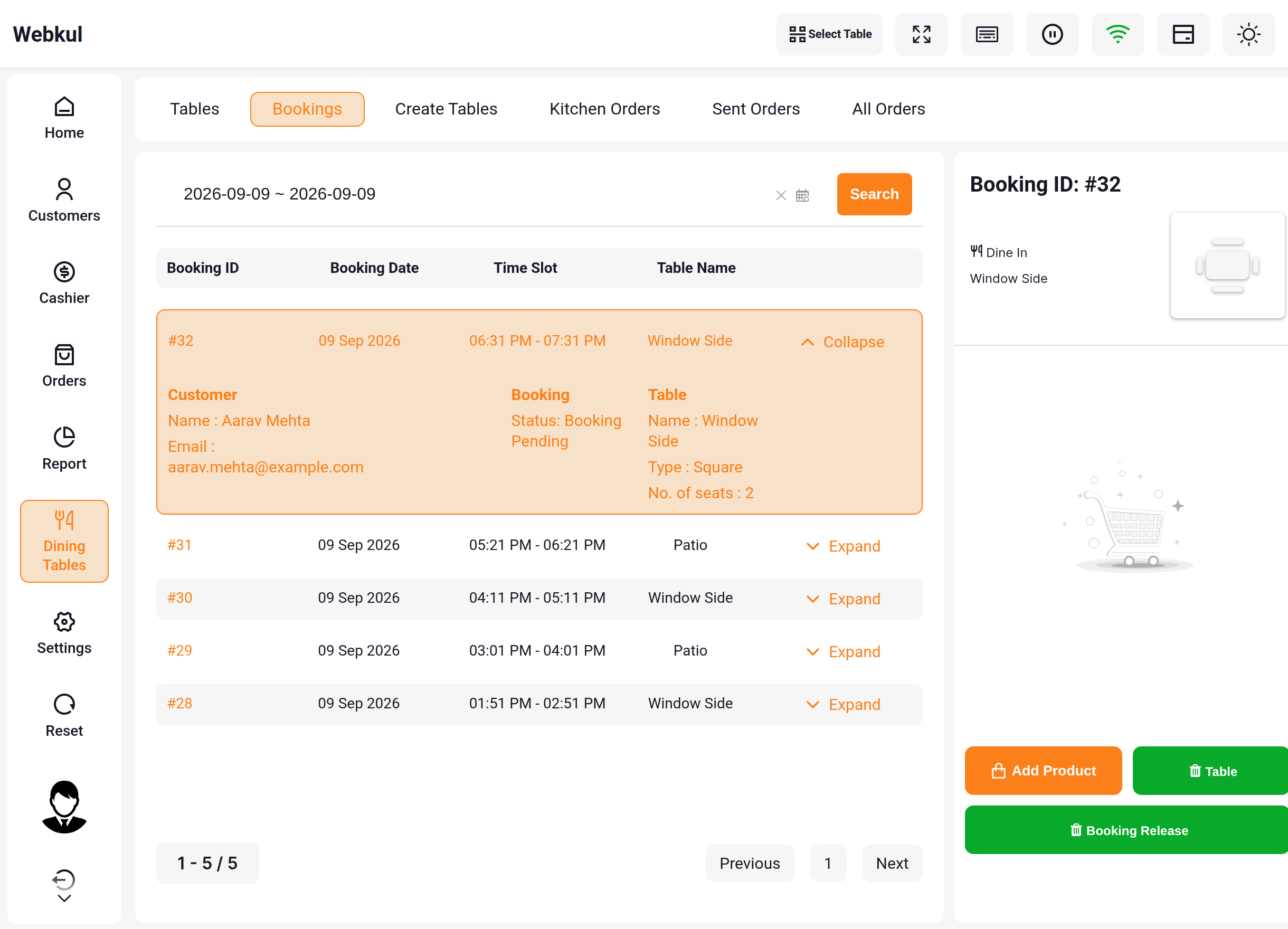 A booking expanded on the Bookings tab, with the Add Product button