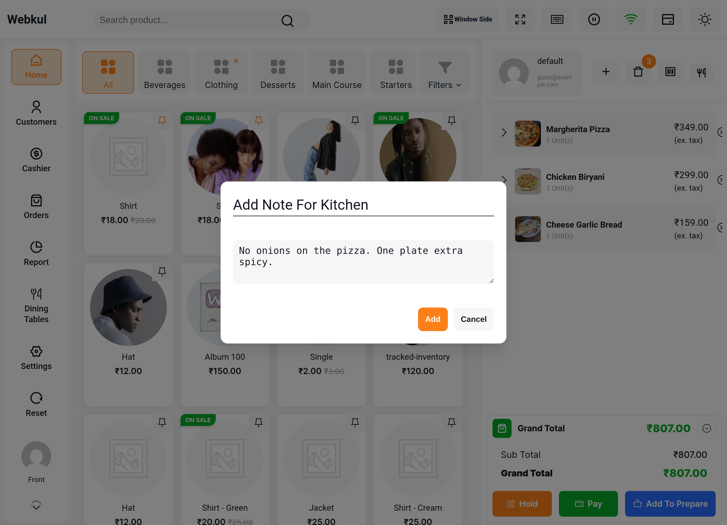 The Add Note For Kitchen popup with a note typed in
