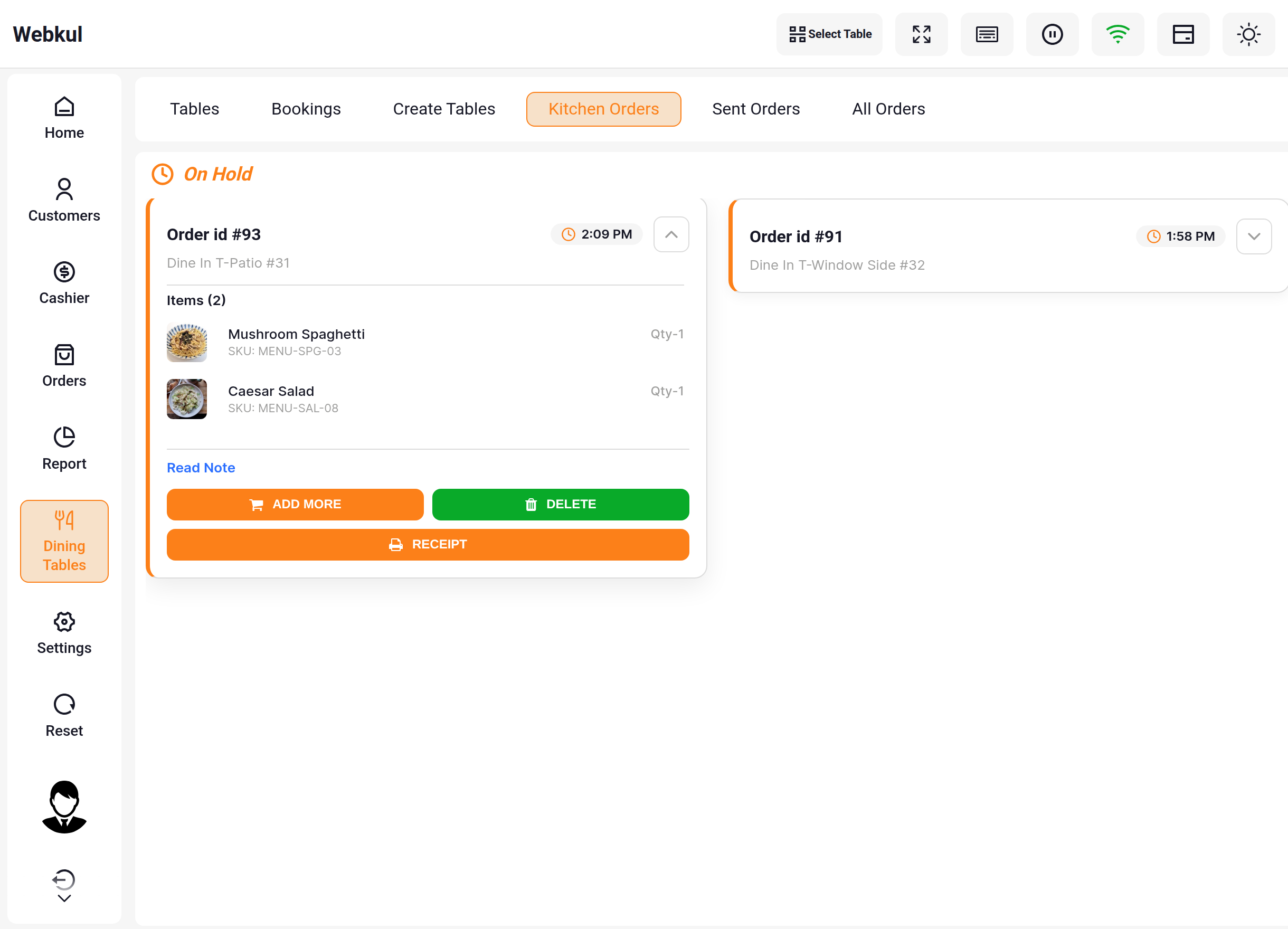 The Kitchen Orders tab with a ticket expanded, showing Add More, Delete and Receipt