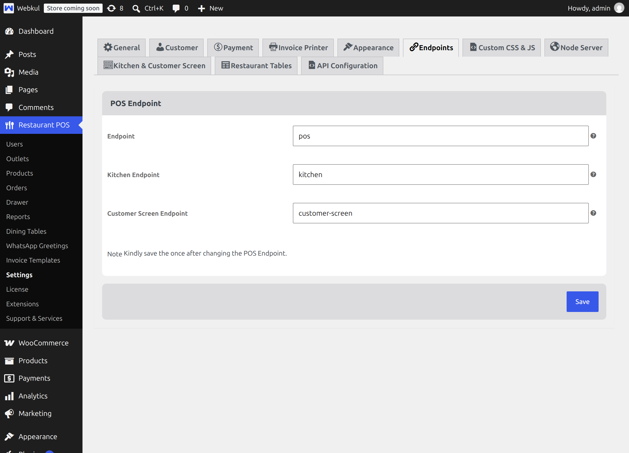 The Kitchen Endpoint and Customer Screen Endpoint fields on the Endpoints tab