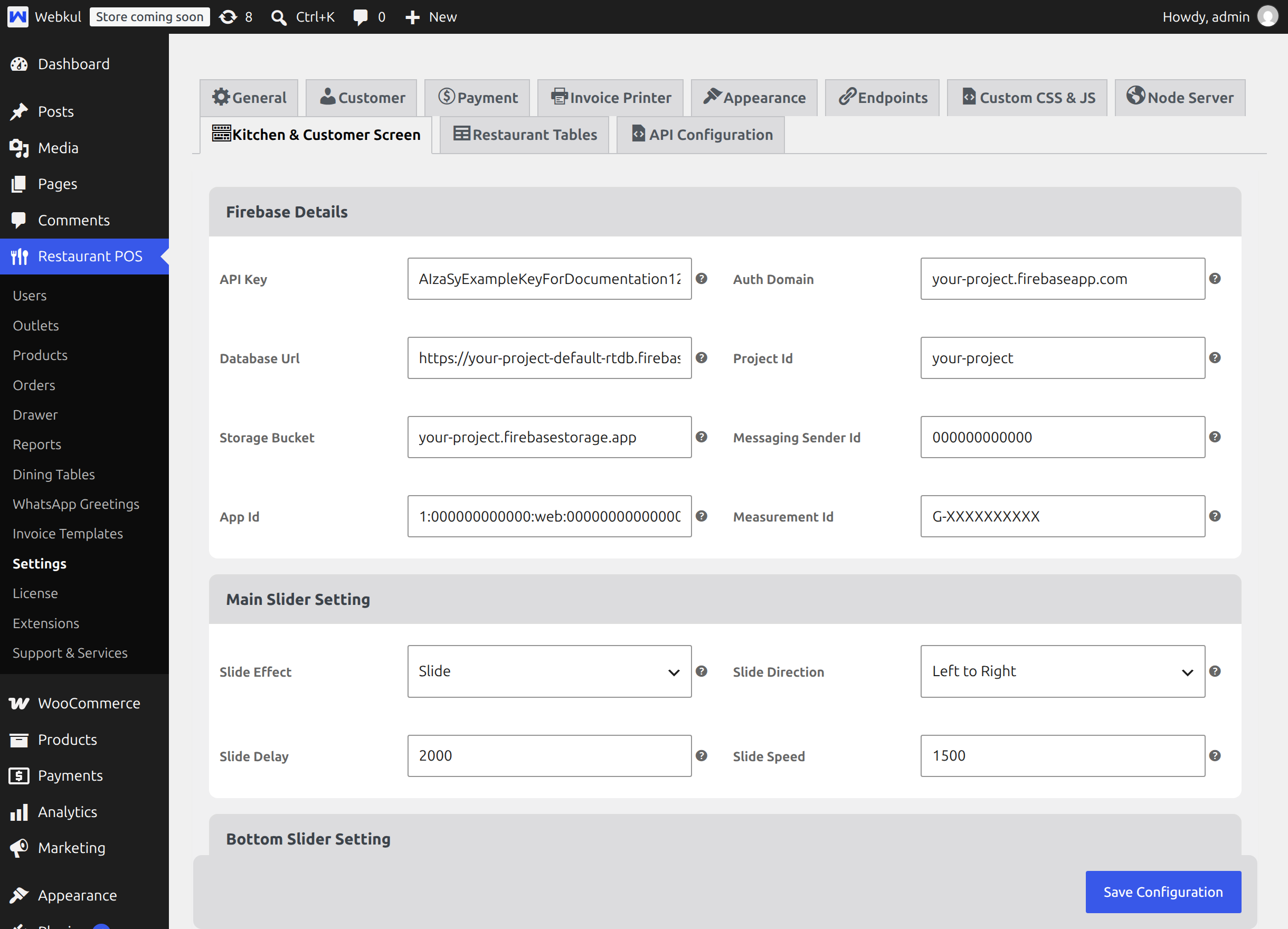 The Firebase Details block on the Kitchen and Customer Screen settings tab