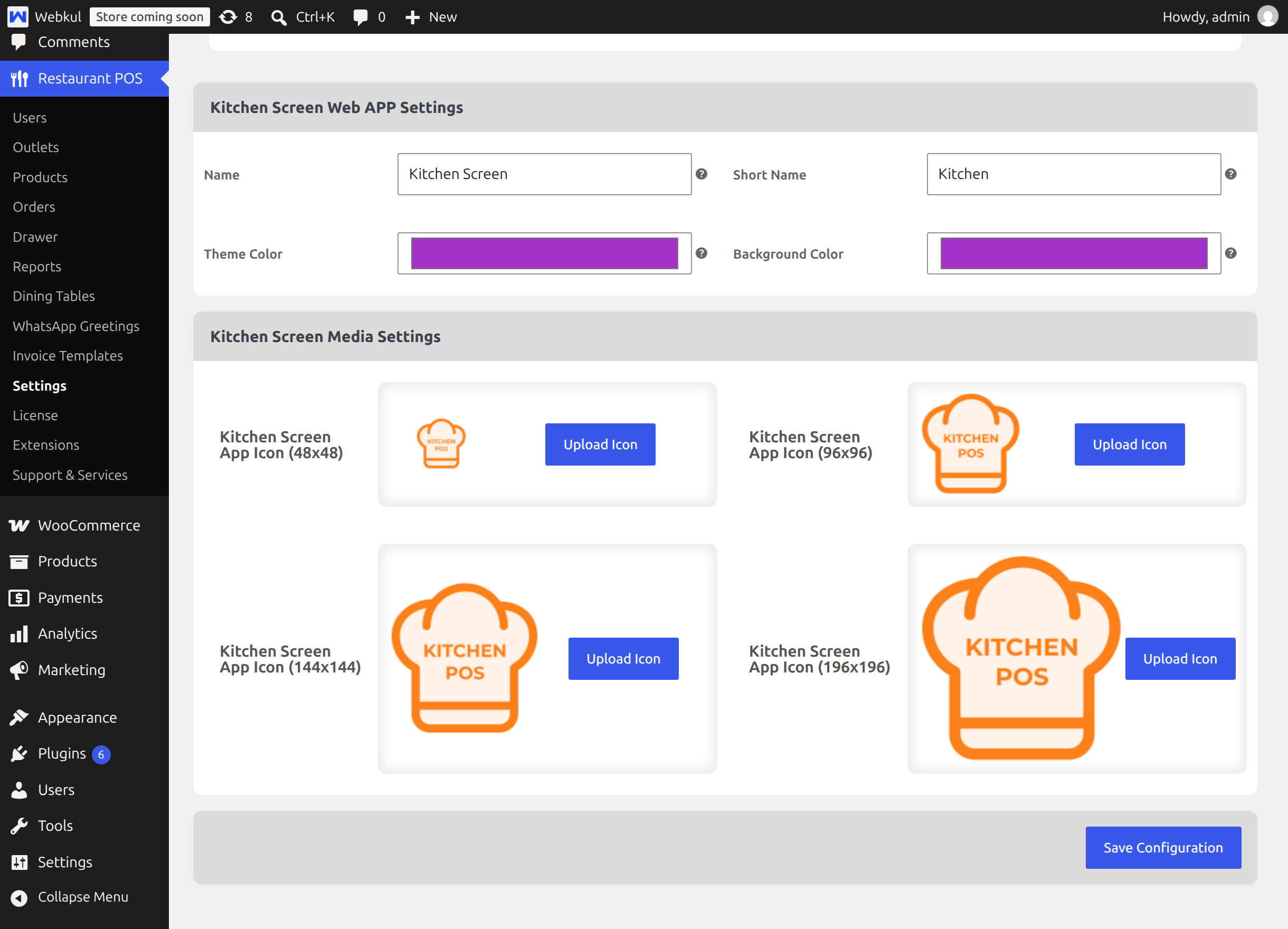 The Kitchen Screen Web APP Settings block