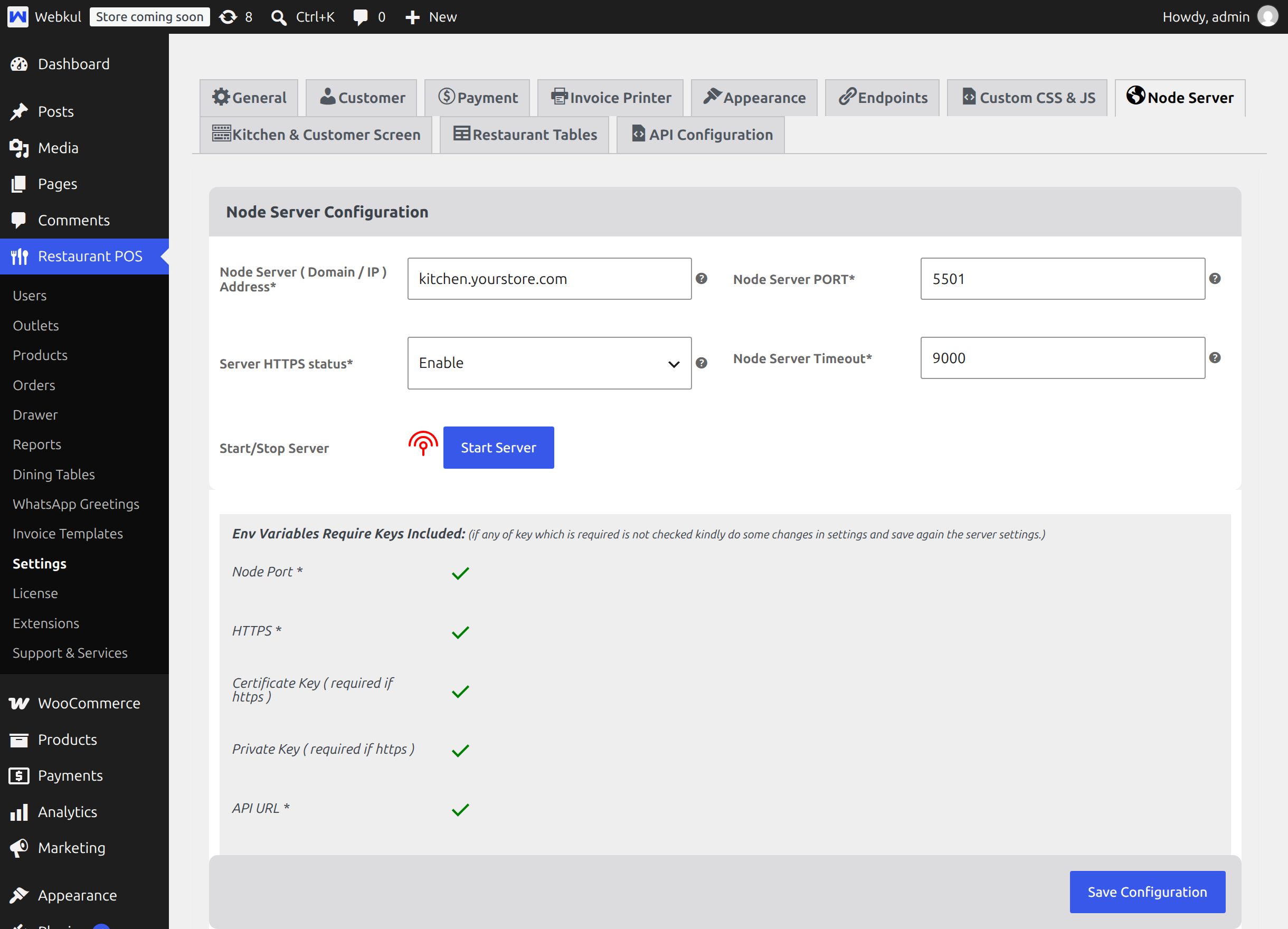 The Node Server Configuration tab with its address, port, HTTPS and timeout fields