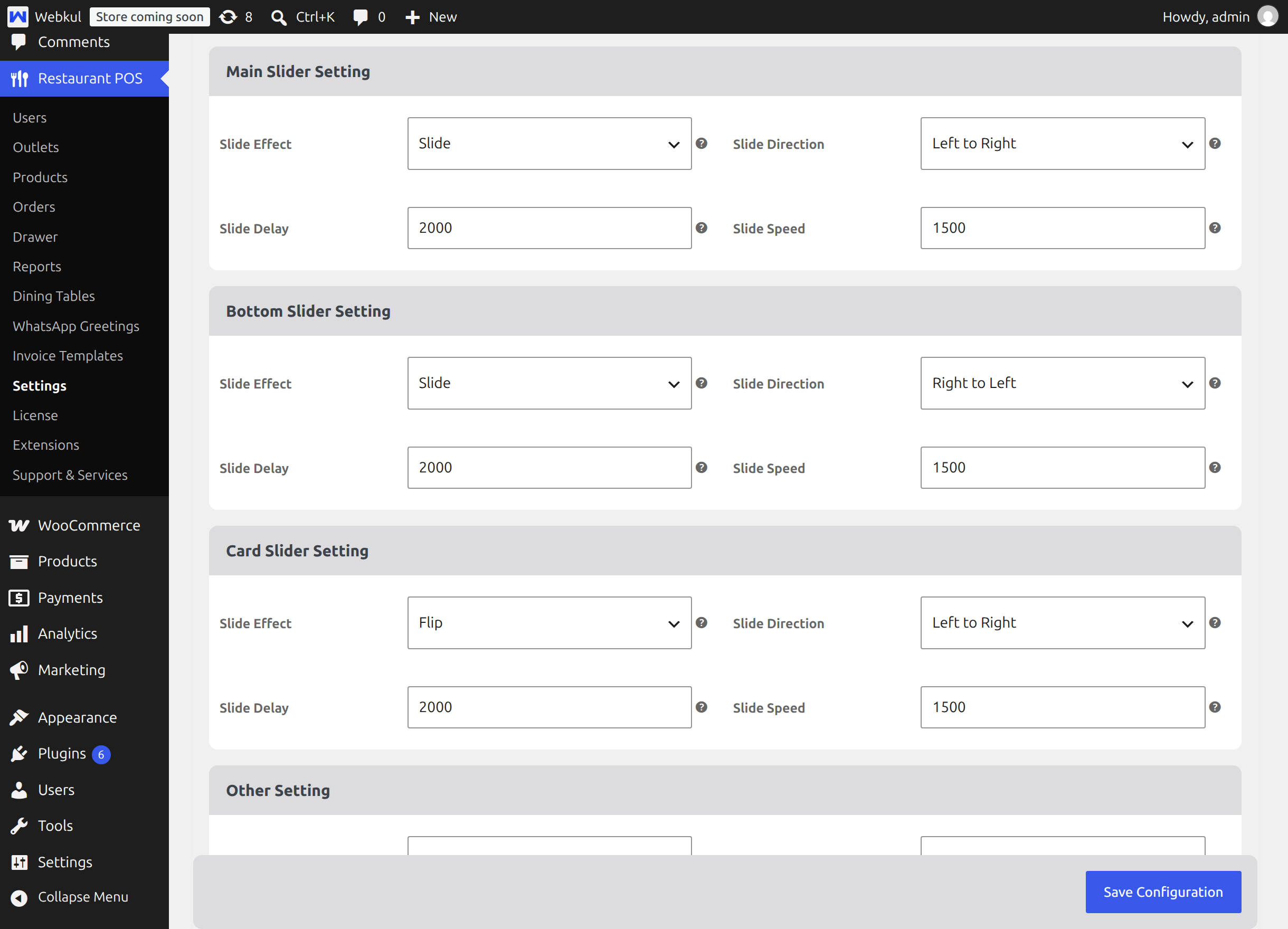 The Main Slider Setting block with slide effect, direction, delay and speed