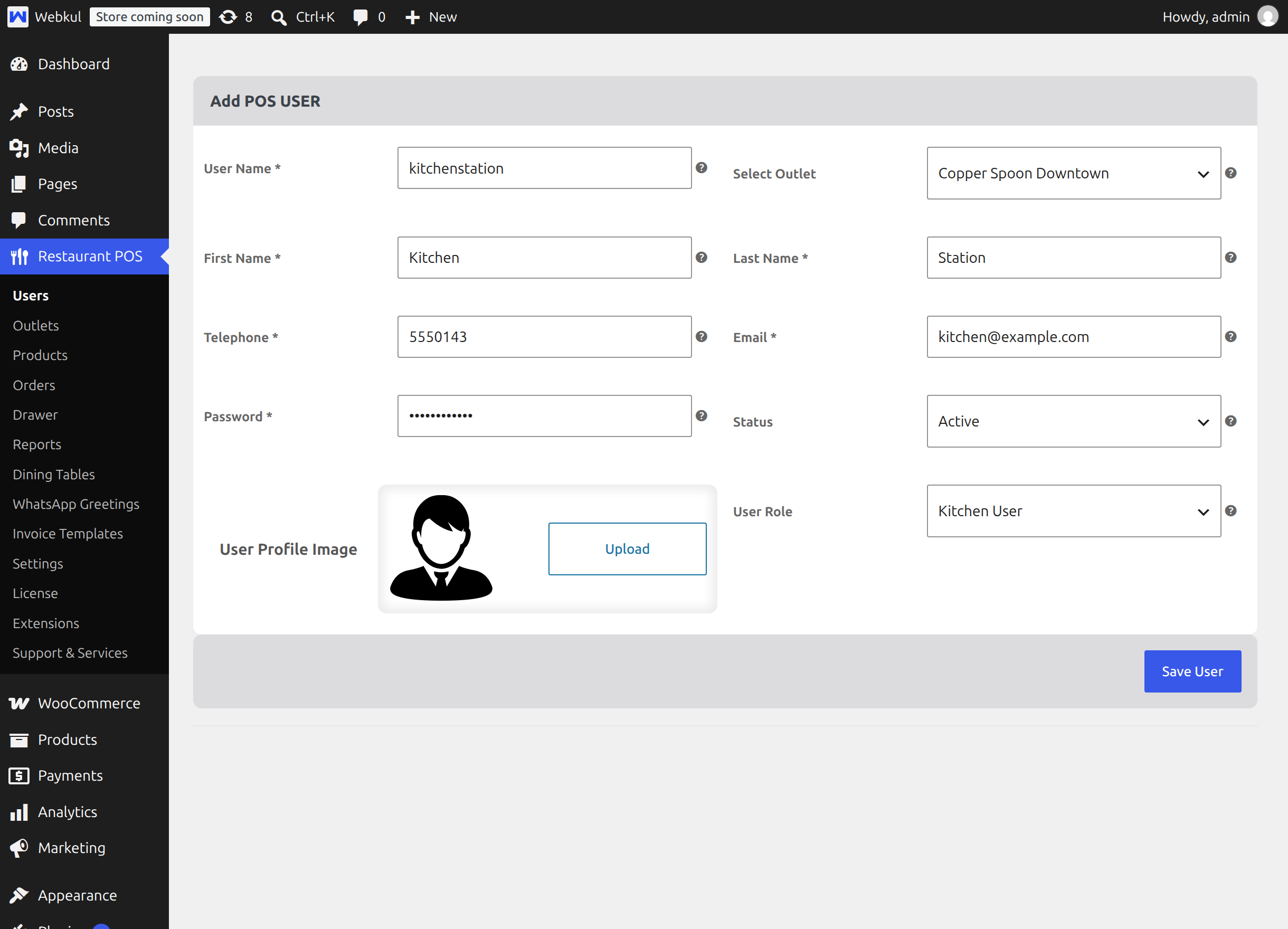 The User Role field on the Point of Sale Add User form