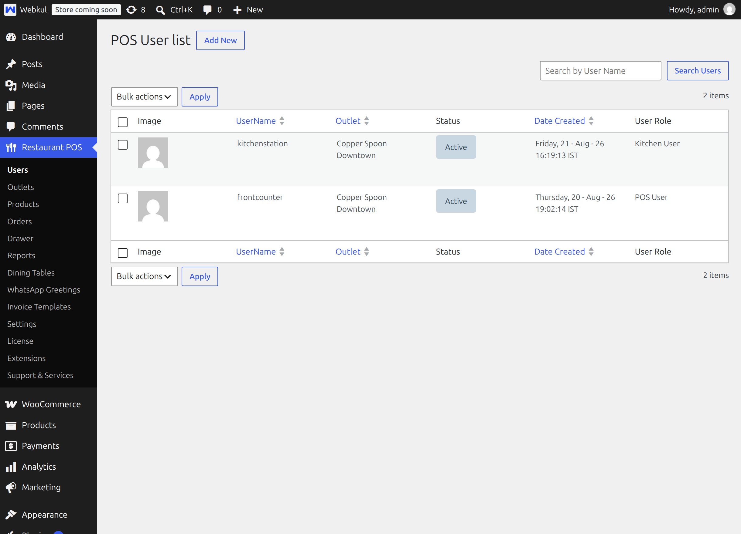 The Point of Sale user list with the User Role column