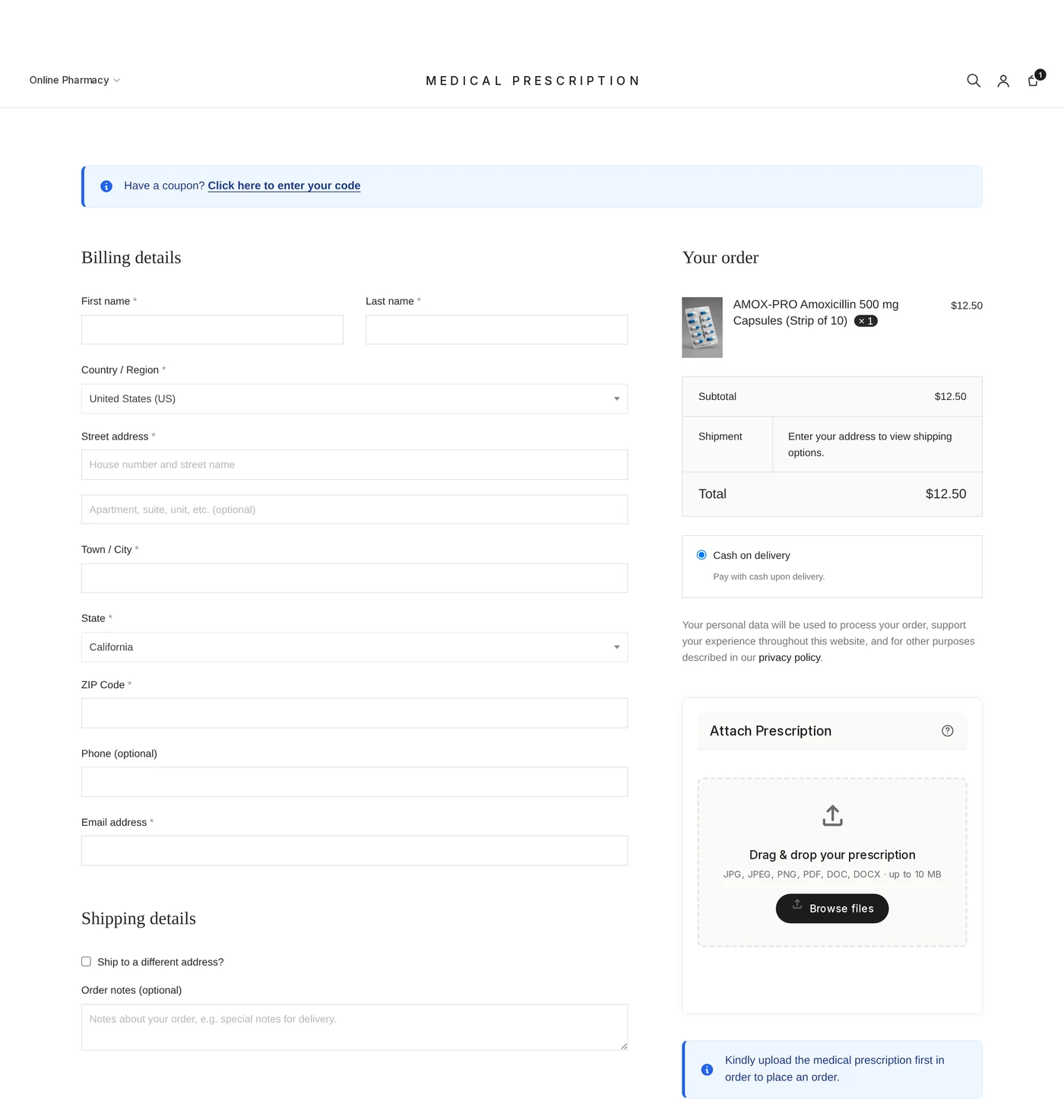 Attach Prescription box on the checkout page