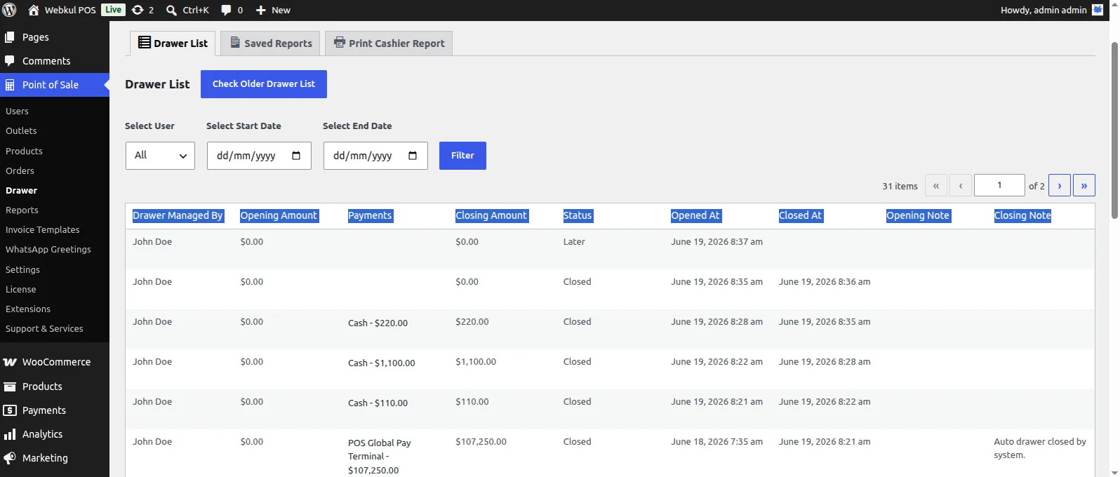 Admin Drawer Report Records