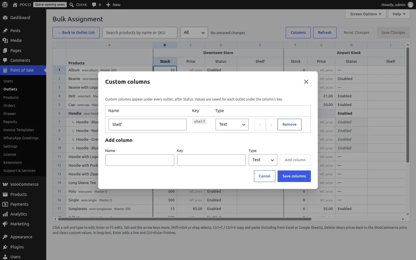 Custom columns dialog