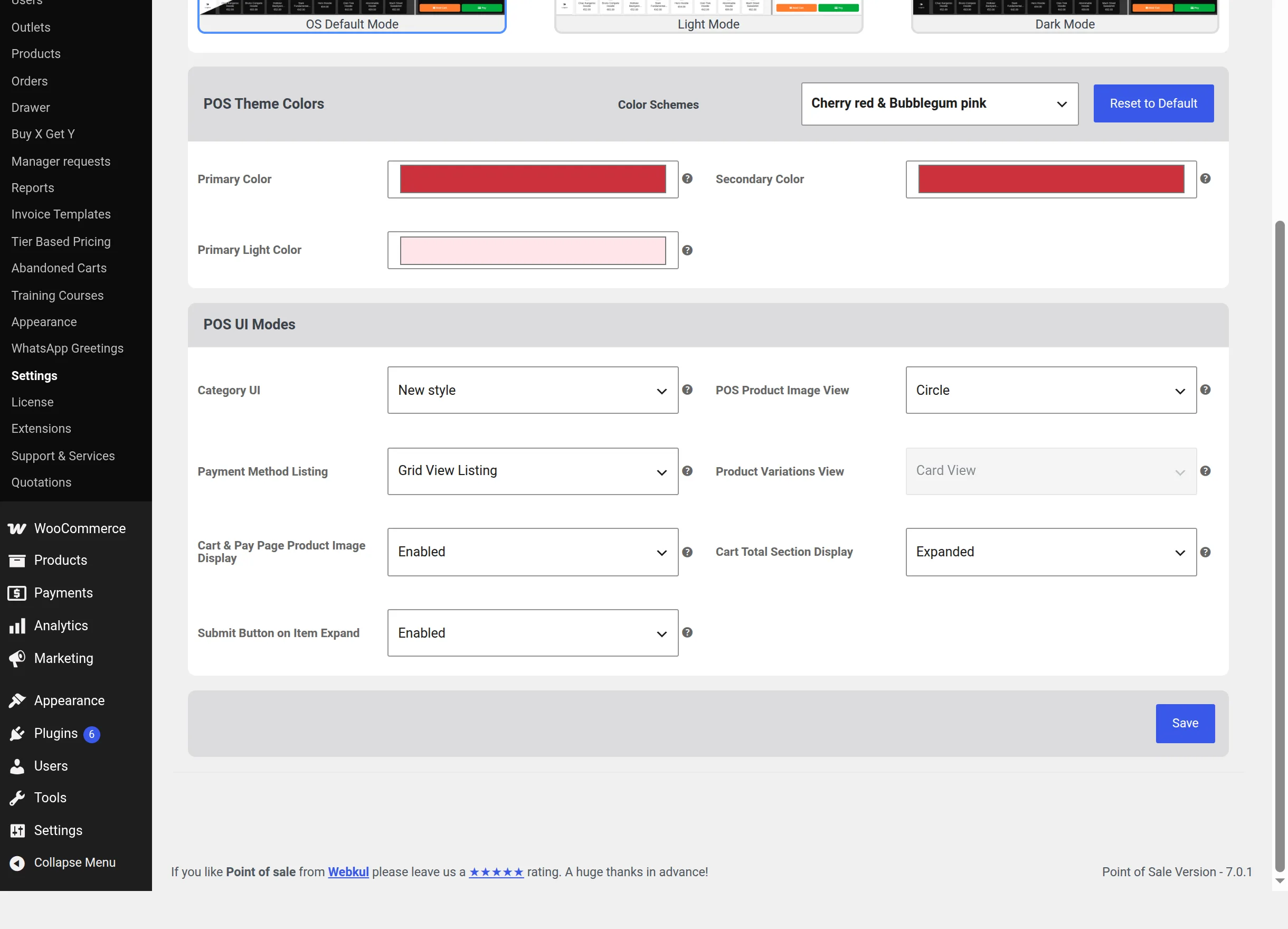 POS UI Modes Appearance Settings