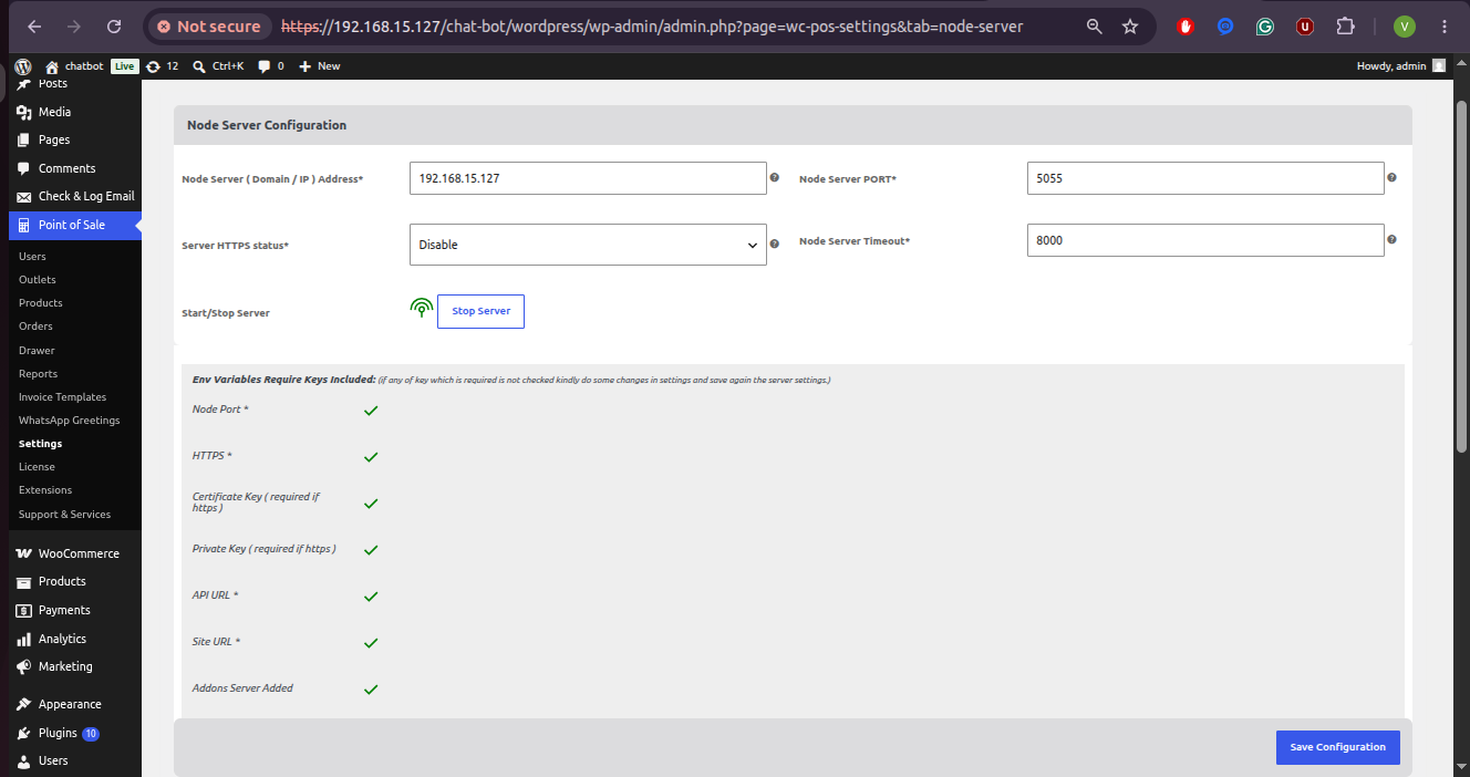 Node Server Settings Screen
