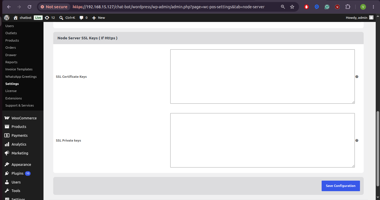 Node Server SSL Keys Screen