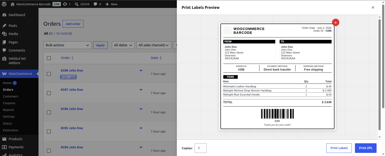 Order Barcode & Slip Sidebar Box