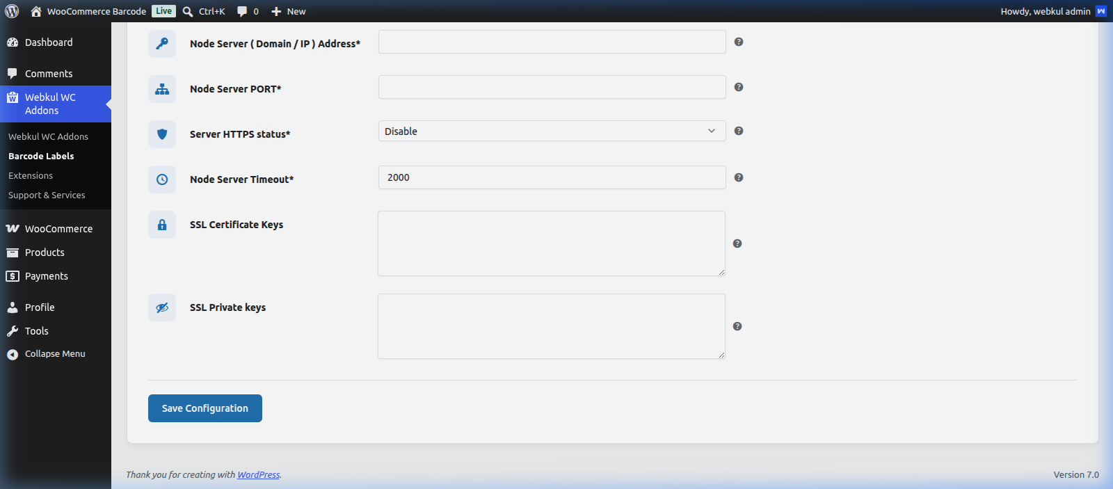 Node Server Settings