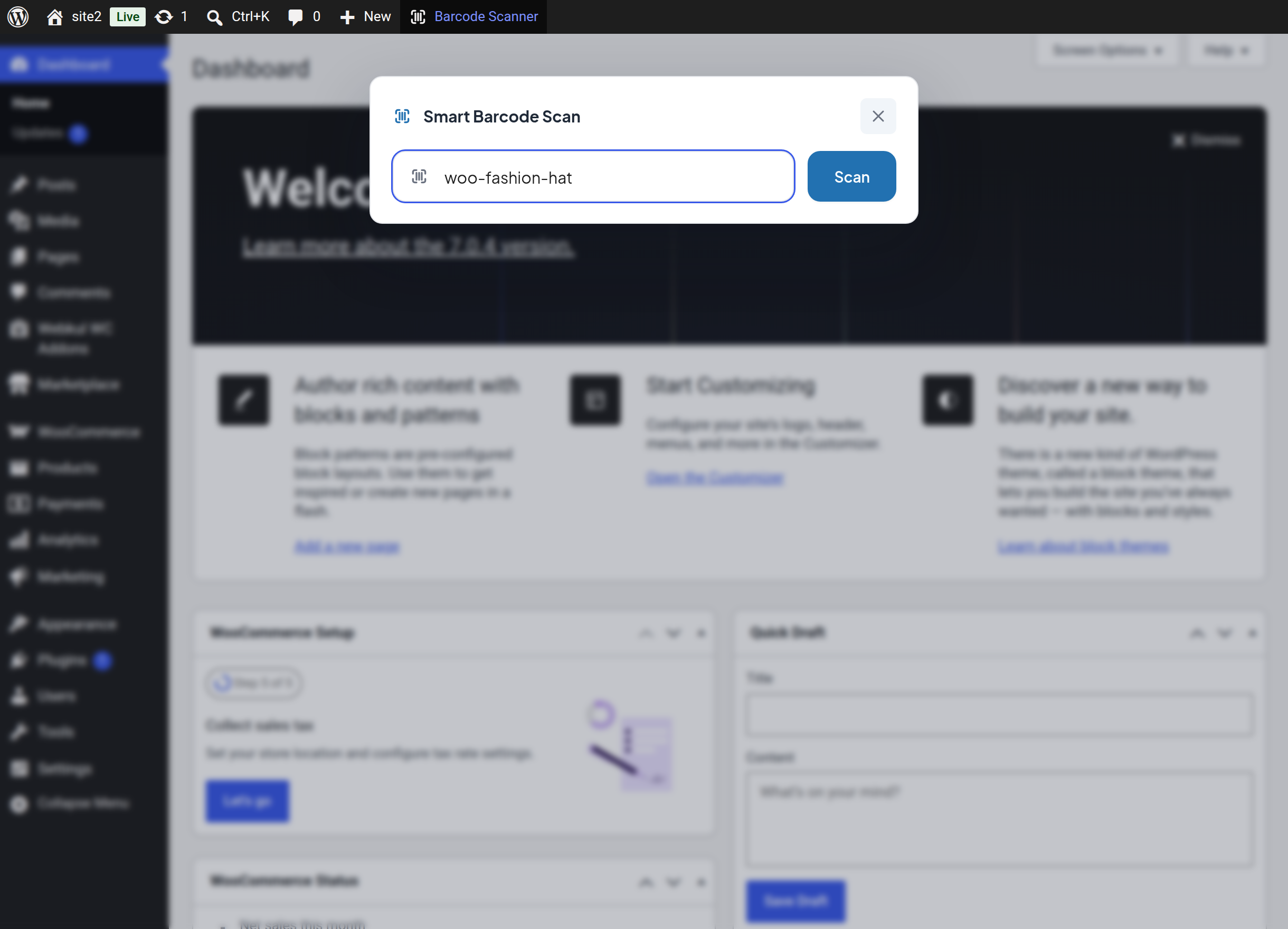 Quick scanner opened from the WordPress toolbar