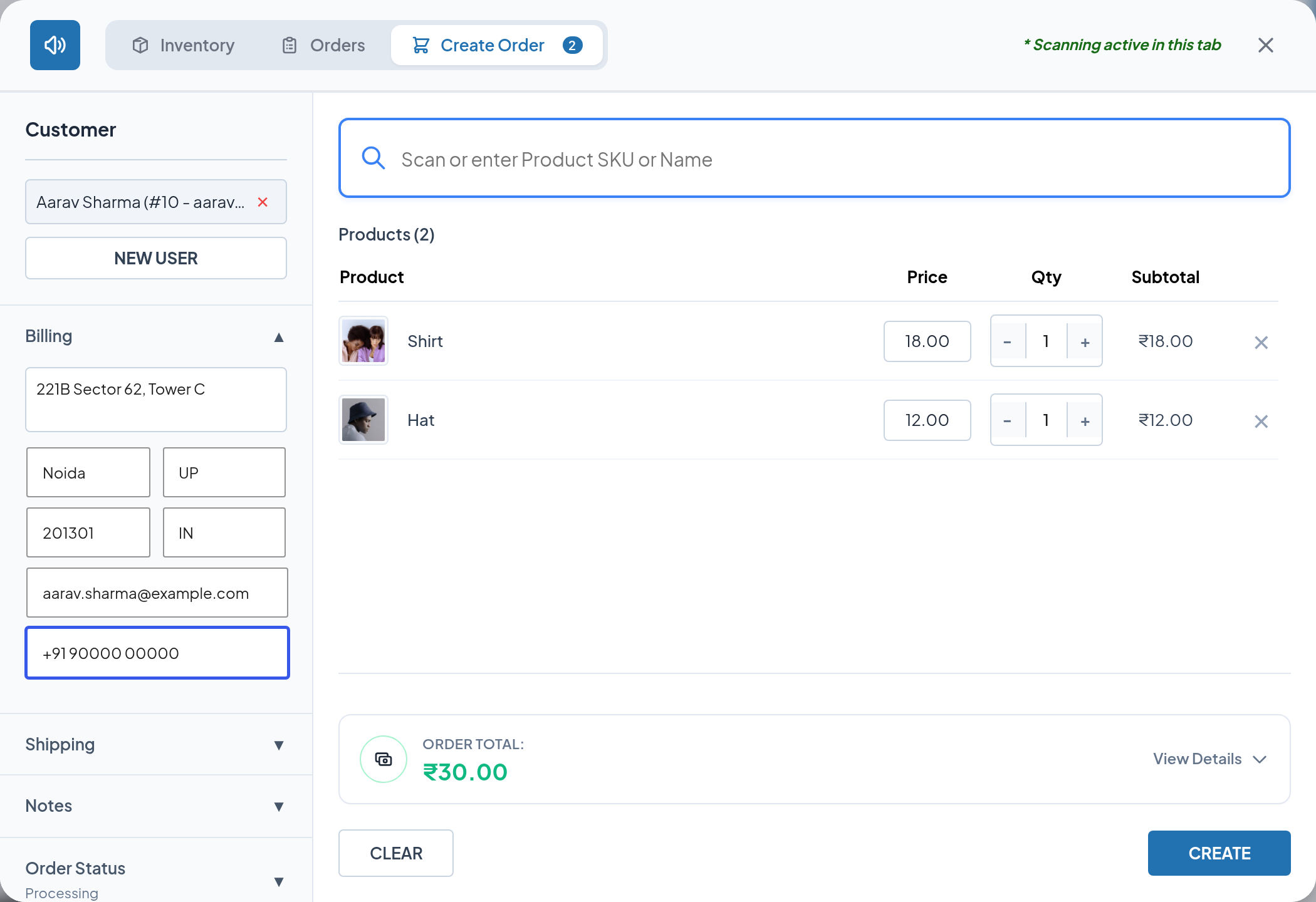 The Billing section