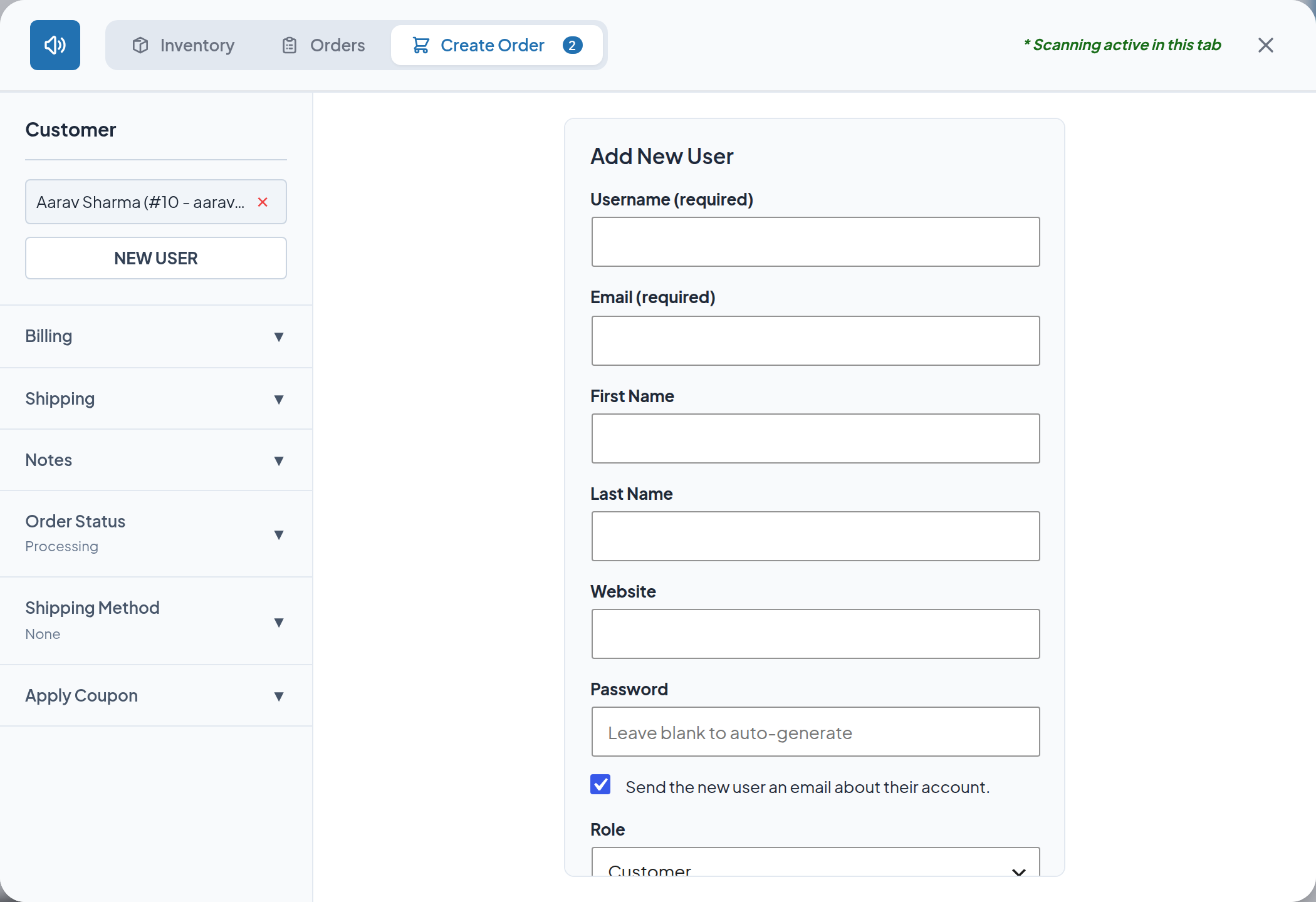 The Add New User form