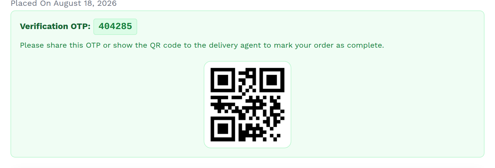 The verification code and its QR code on the customer's order page