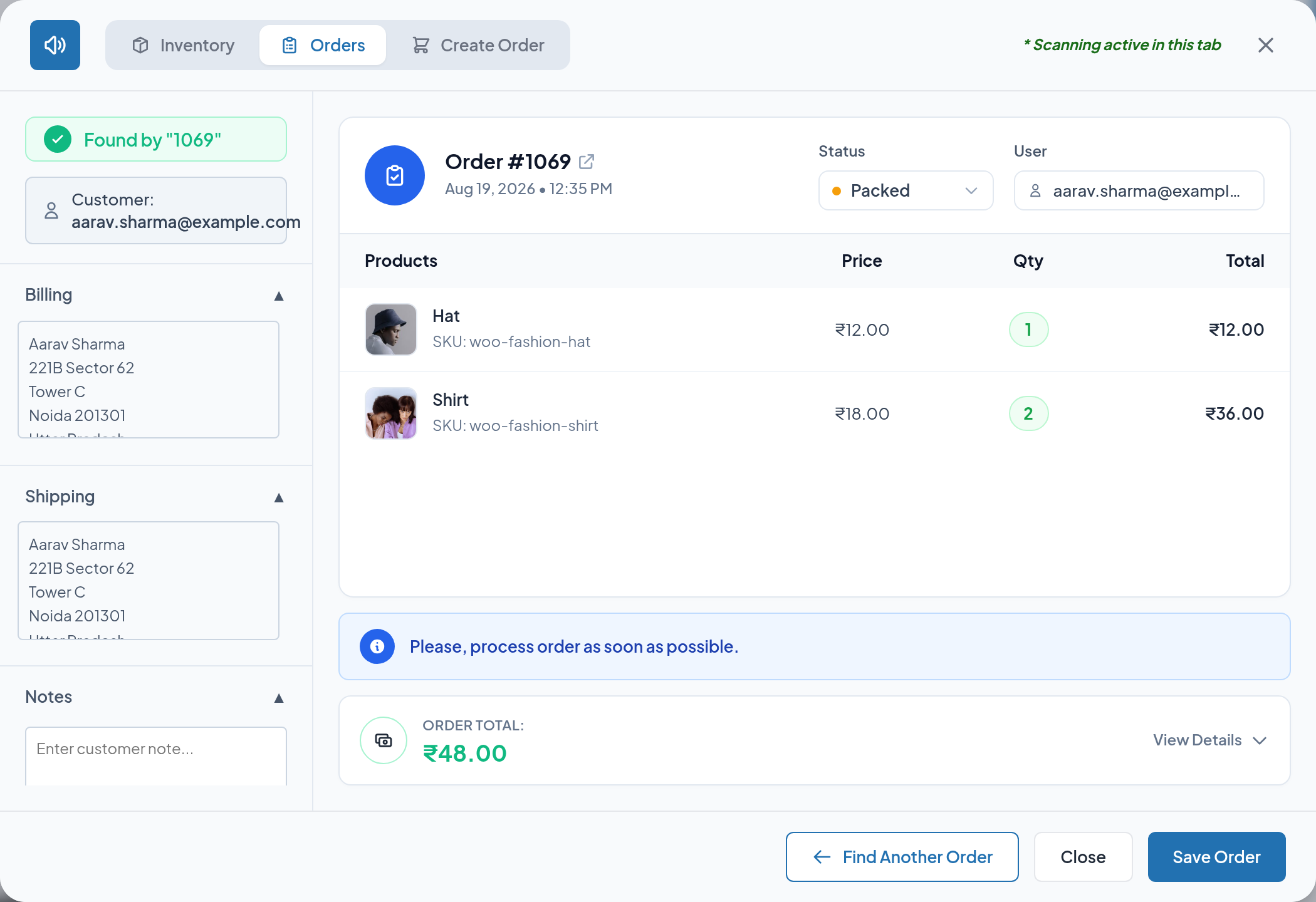 Billing, Shipping and Notes expanded
