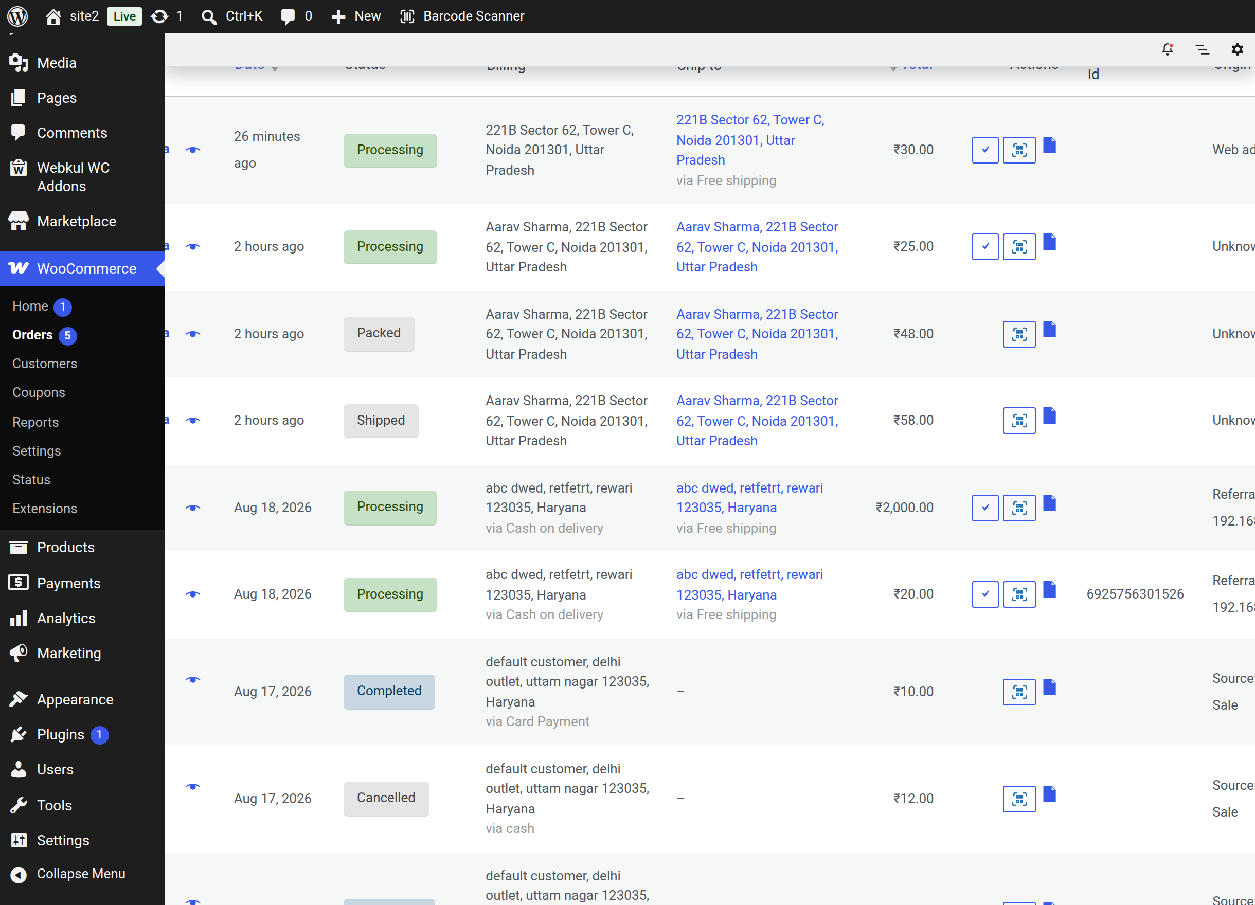 The QR action in the WooCommerce orders list