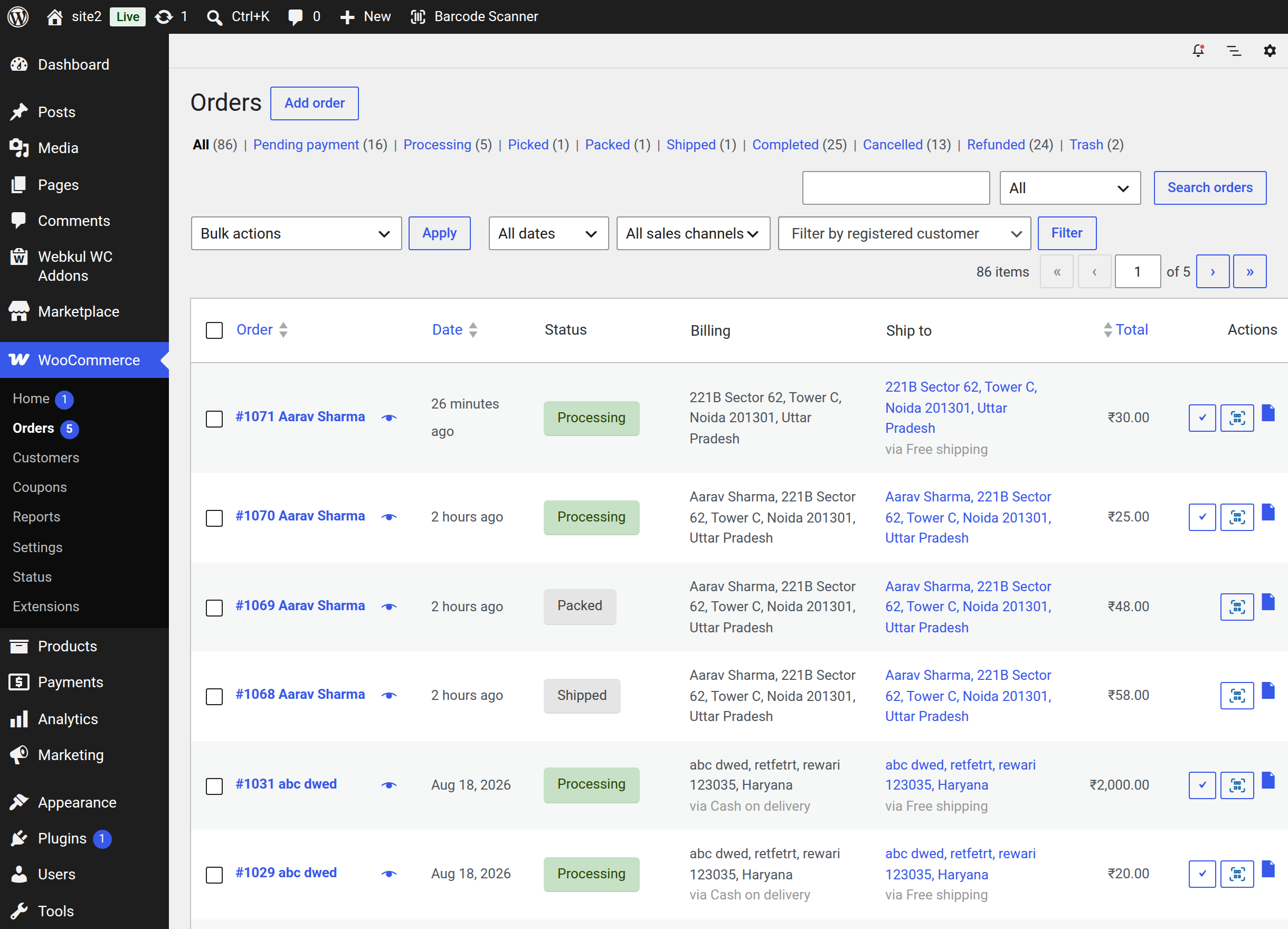 Picked, Packed and Shipped in the WooCommerce order list filters